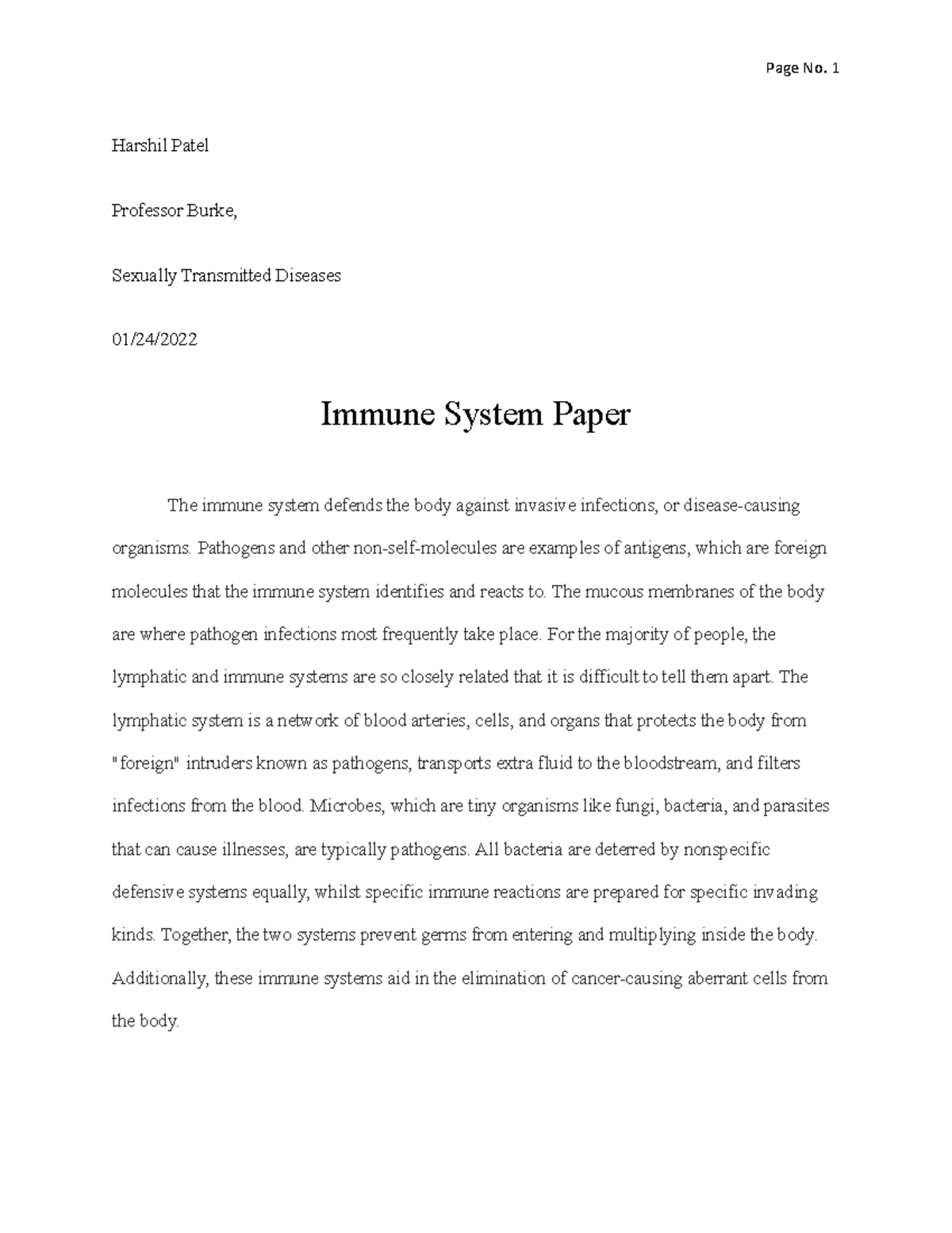 Immune System Paper - its for test - Harshil Patel Professor Burke ...