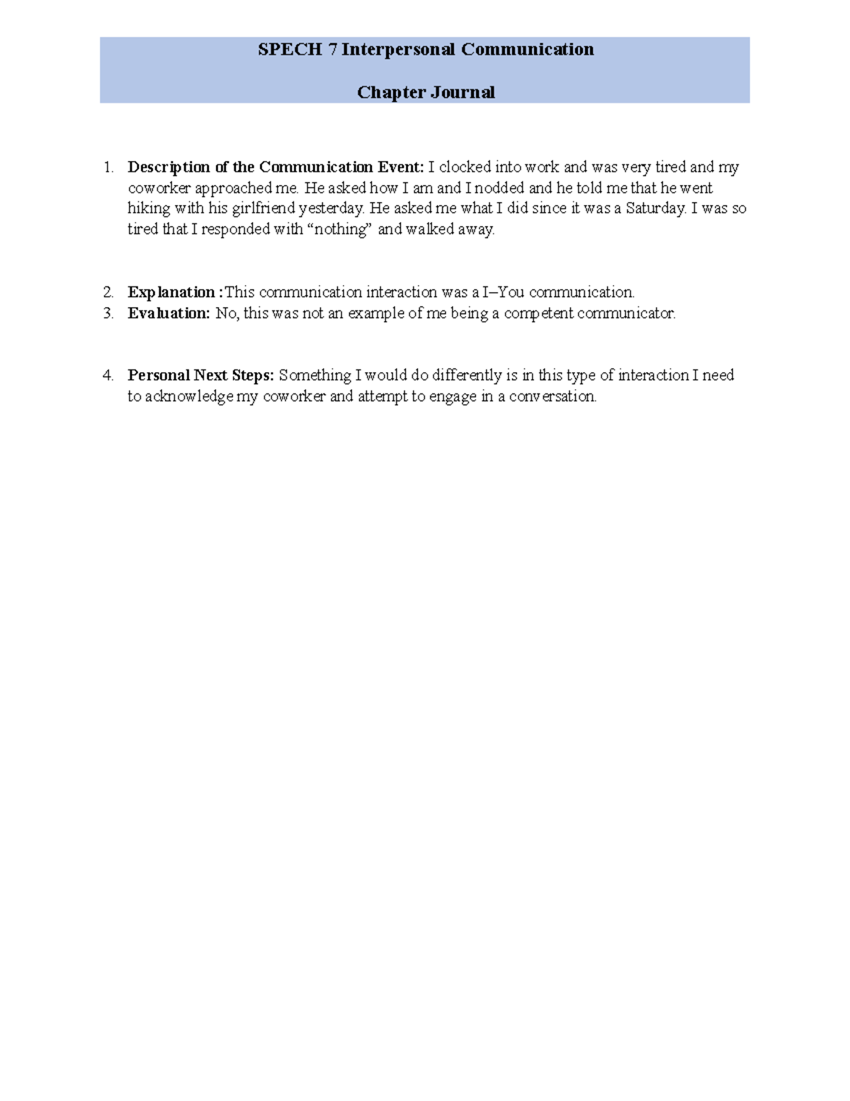 Ch 1 - communication journal - SPECH 7 Interpersonal Communication ...