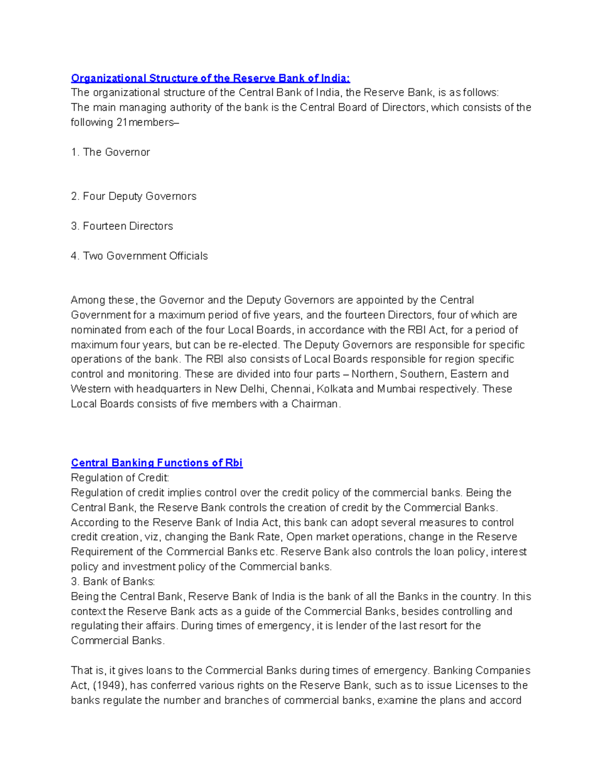 RBI Functins - Organizational Structure of the Reserve Bank of India ...