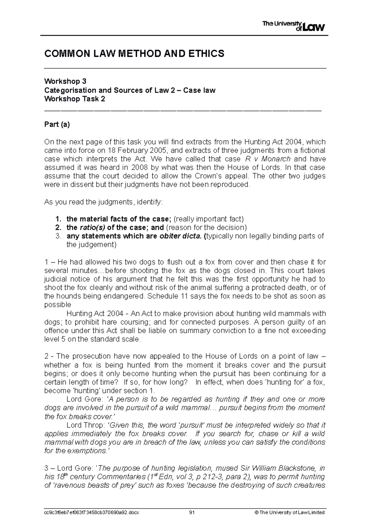 Workshop 3 Common Law - COMMON LAW METHOD AND ETHICS Workshop 3 ...