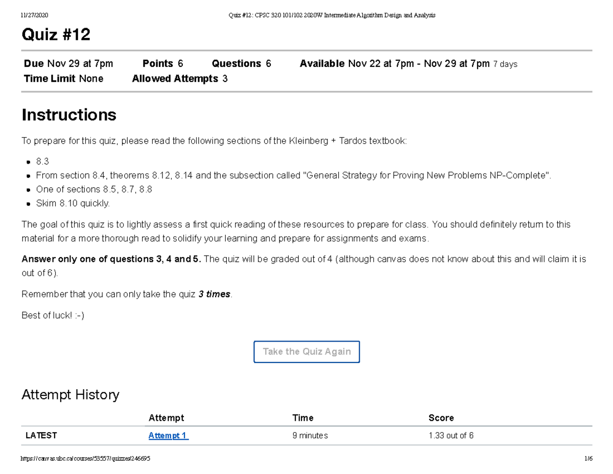 Quiz #12 CPSC 320 101 102 2020W Intermediate Algorithm Design And ...