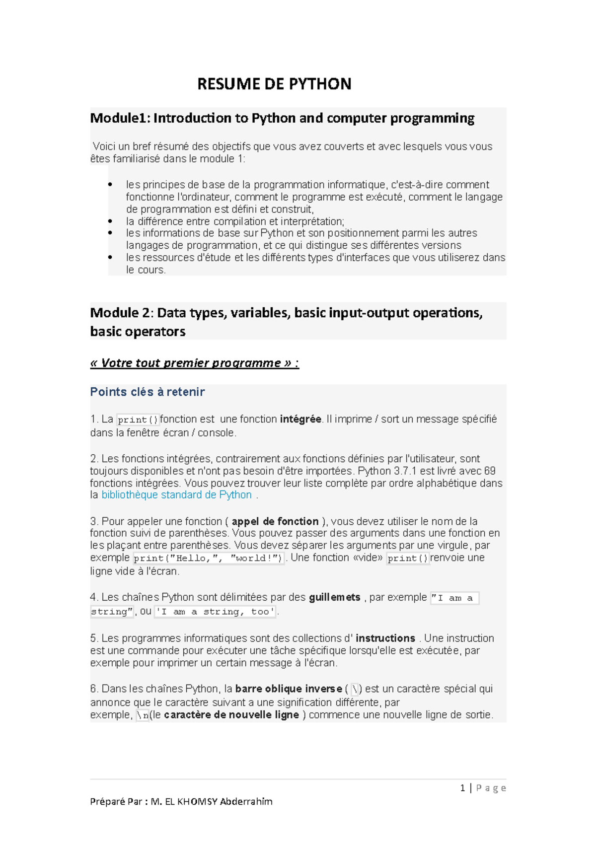 Resume Python - cours de les modules de l'informatique - RESUME DE ...
