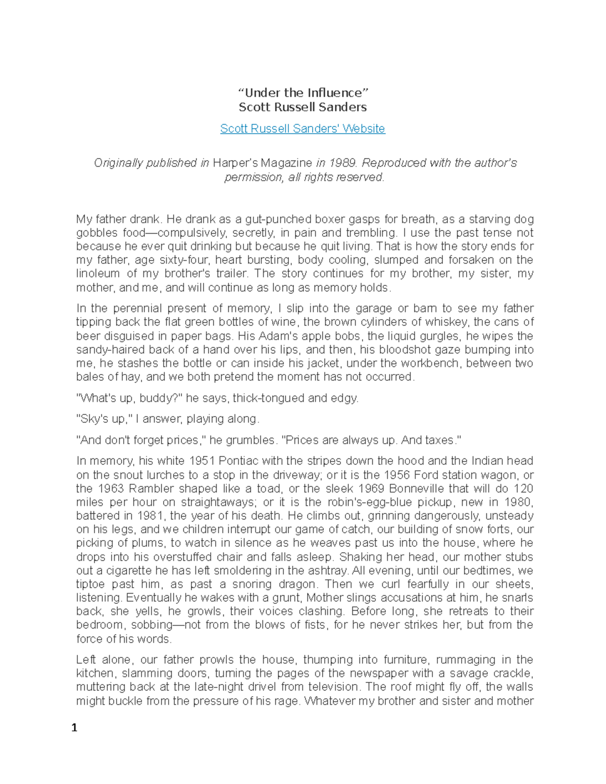 Under the Influence Scott Russell Sanders “Under the Influence” Scott