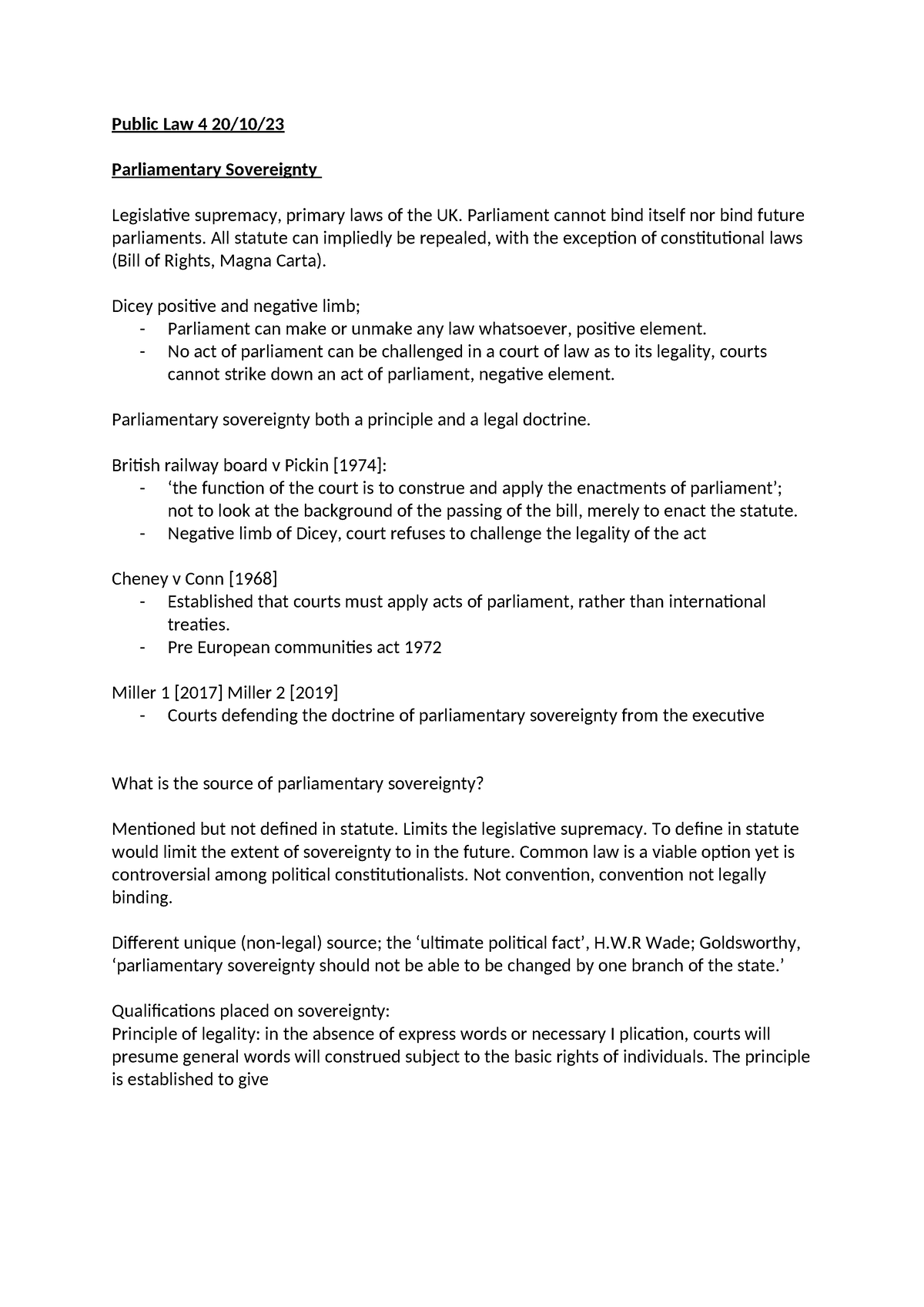 Parliamentary sovereignty - Public Law 4 20/10/ Parliamentary ...