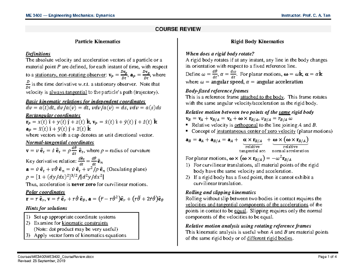 Dynamics-formulas - Dynamics formulas - ME 3400 — Engineering Mechanics ...