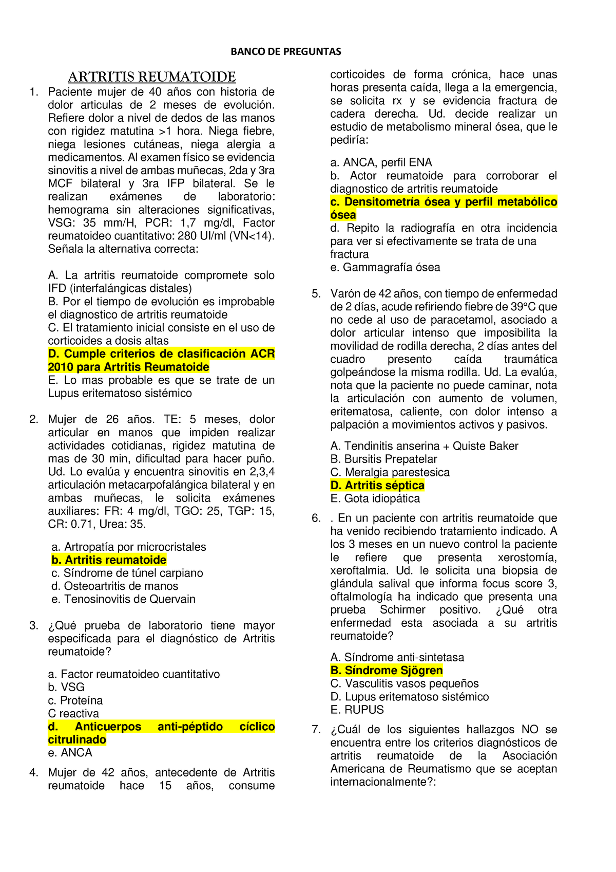 Banqueo Reumatología - BANCO DE PREGUNTAS ARTRITIS REUMATOIDE Paciente ...