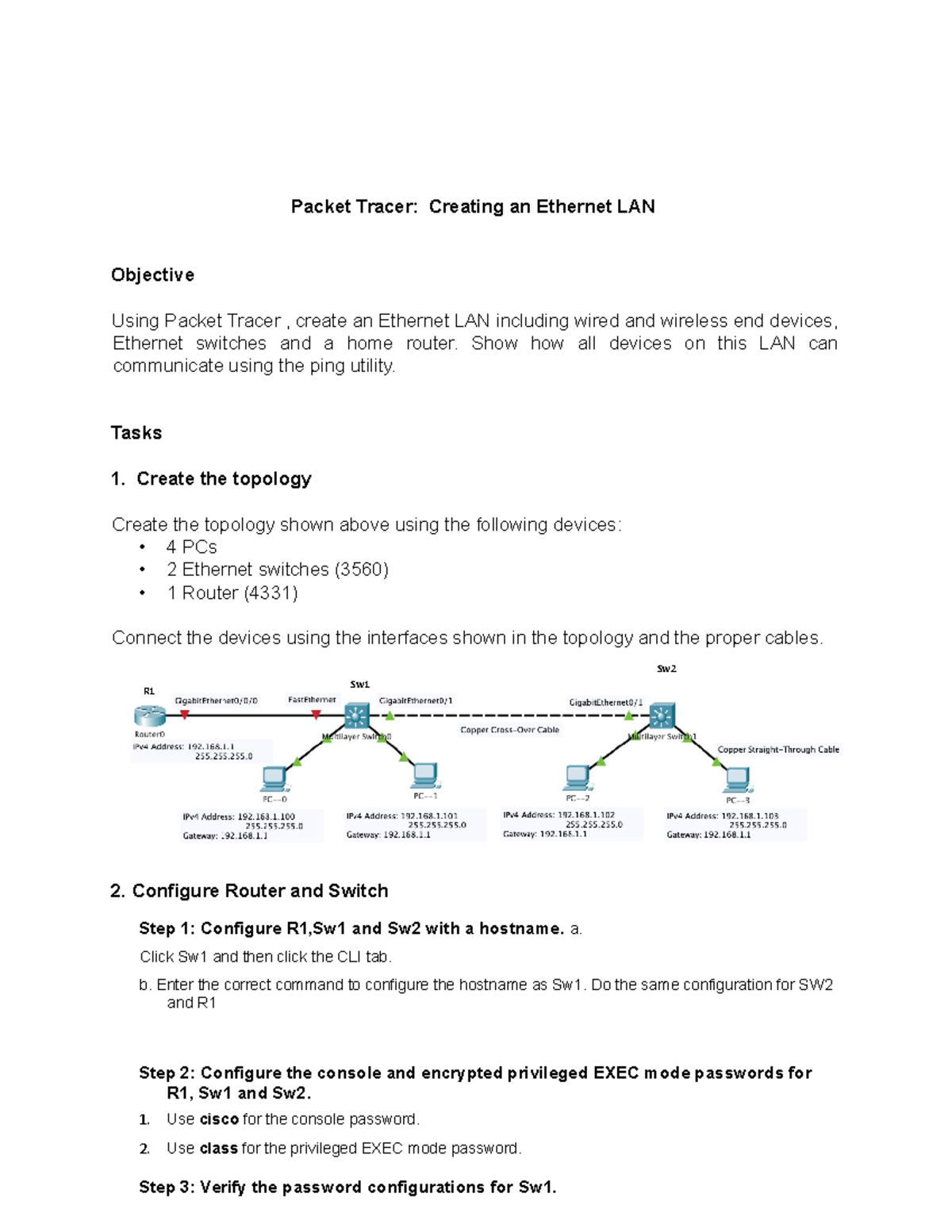 Activity 1 Packet Tracer Creating an Ethernet LAN - Packet Tracer ...