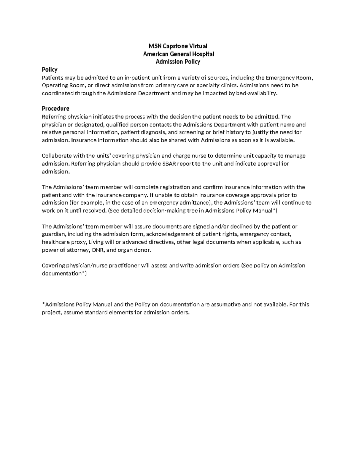 AGH Admission Policy 2022 - MSN Capstone Virtual American General ...