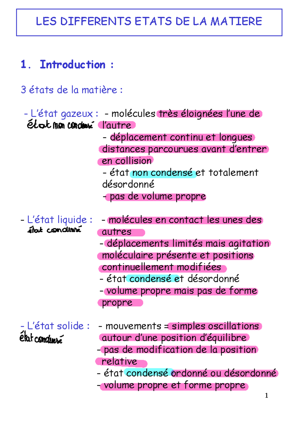 Chimie G N Rale Ii Note Cours Les Differents Etats De La Matiere