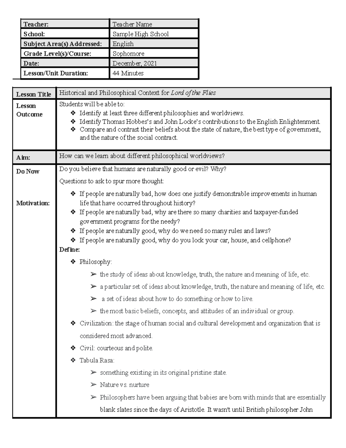 Lesson Plan LOF philosophy research lesson - Teacher: Teacher Name ...