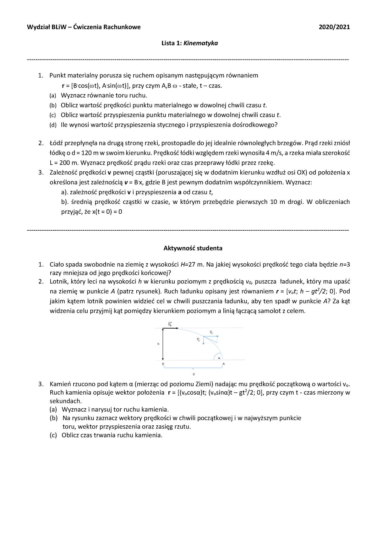 L-1- Kinematyka - Lista - Wydział BLiW – Ćwiczenia Rachunkowe 2020 ...