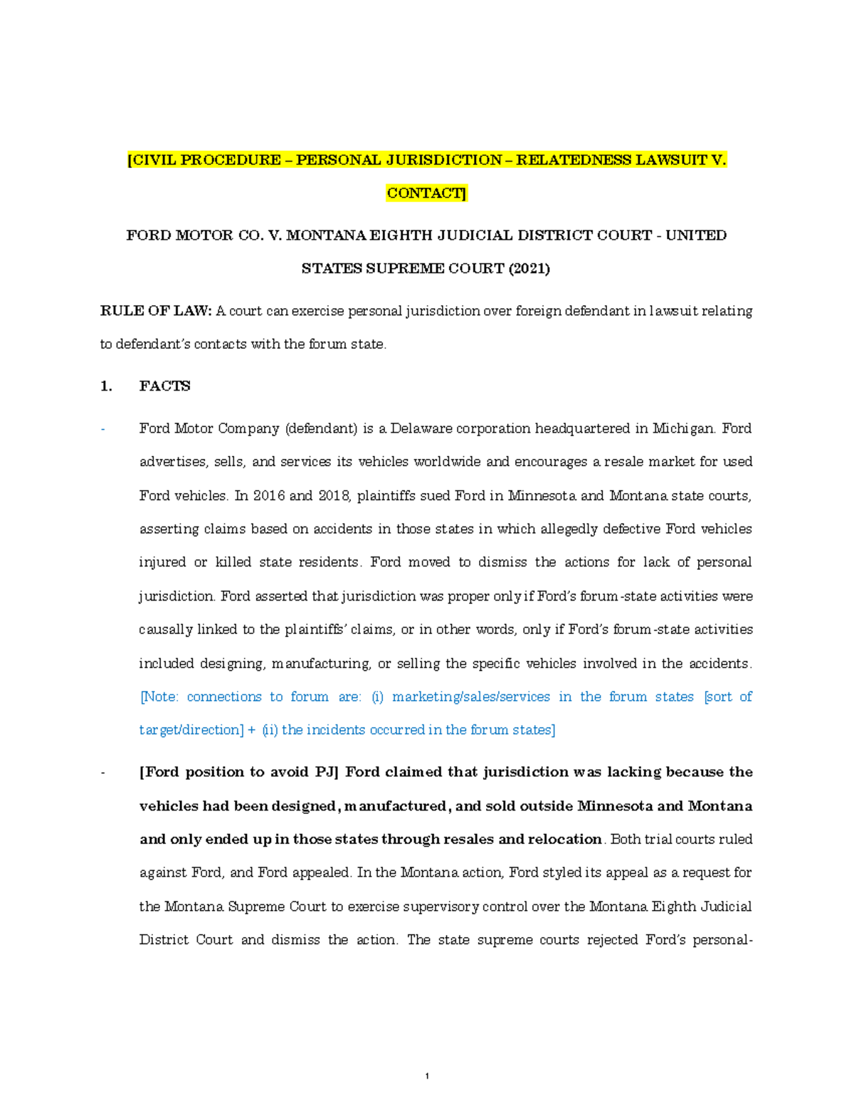 CIV PRO case brief Ford Motor v. Montana class notes [CIVIL