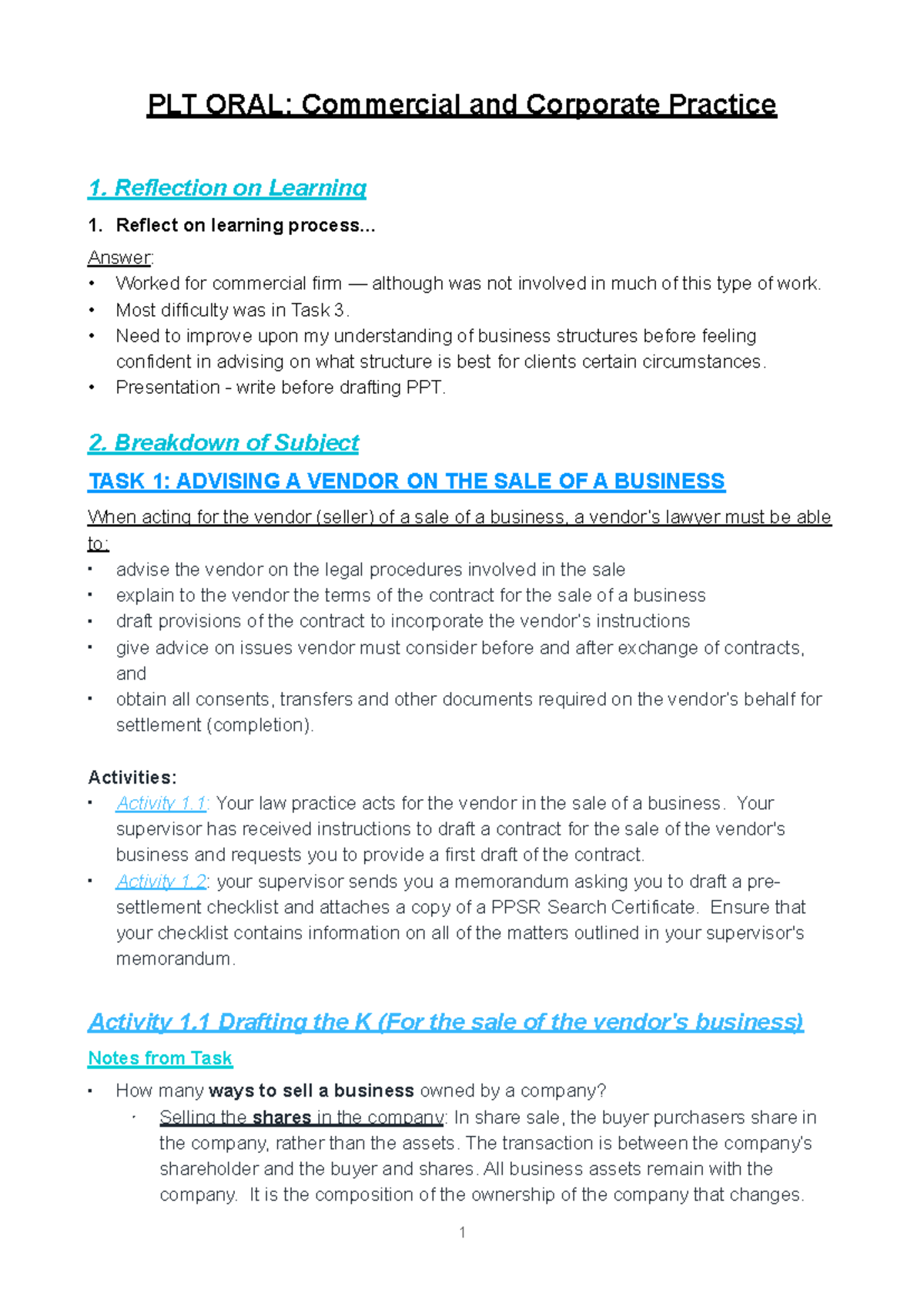 CCP oral - notes for oral - PLT ORAL: Commercial and Corporate Practice ...