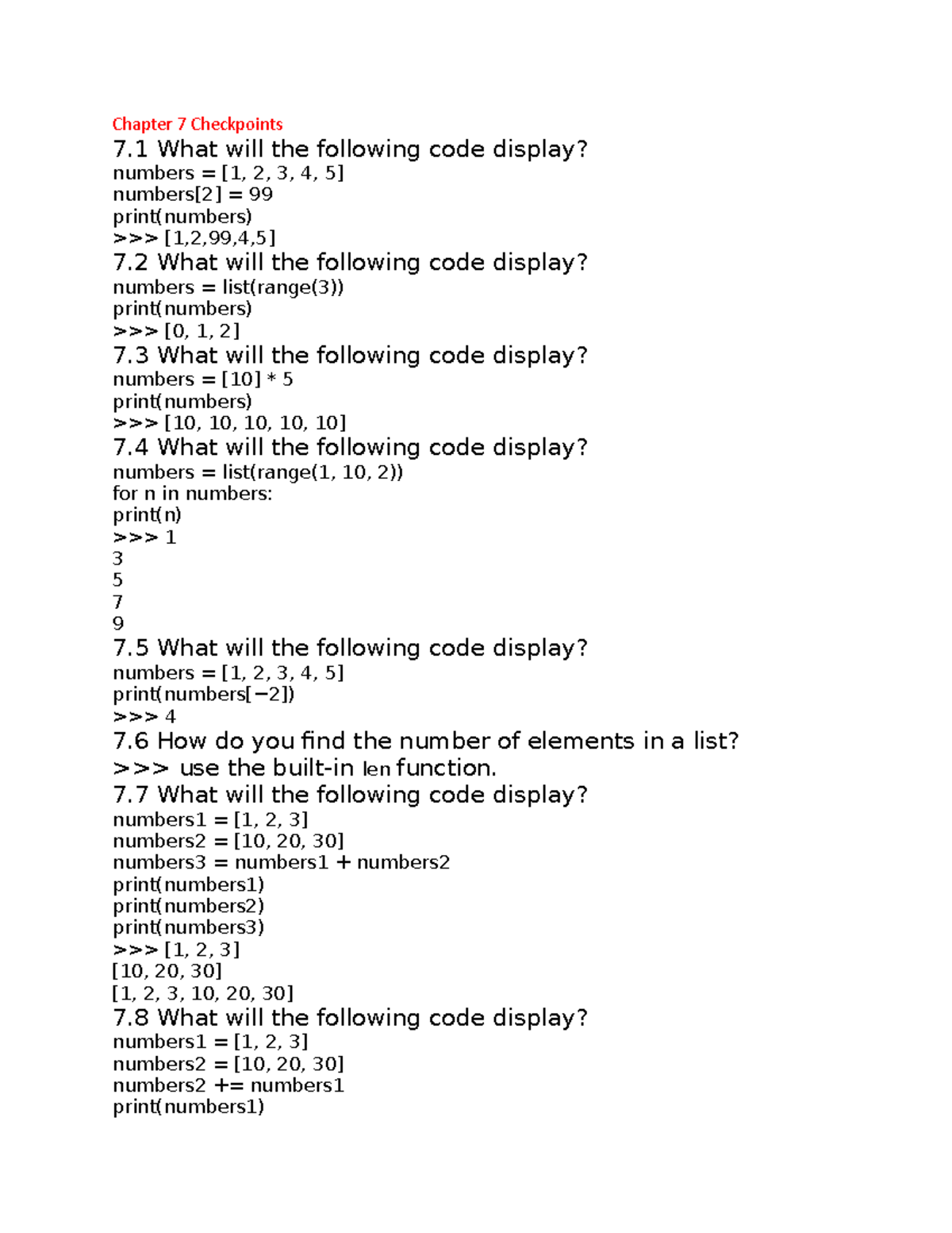 Chapter 7 Checkpoints - Chapter 7 Checkpoints 7 What will the following ...