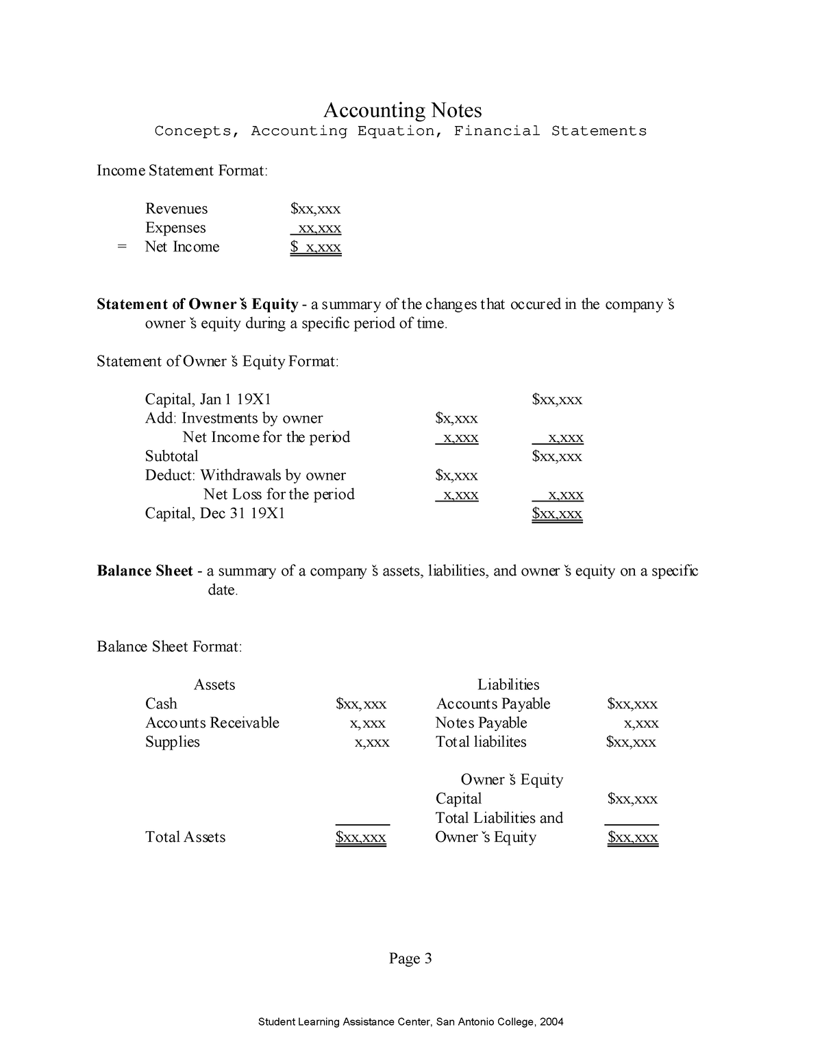 Basic Finanncial Format Page 3 Accounting Notes Income Statement Format Revenues Xxxxx 0601