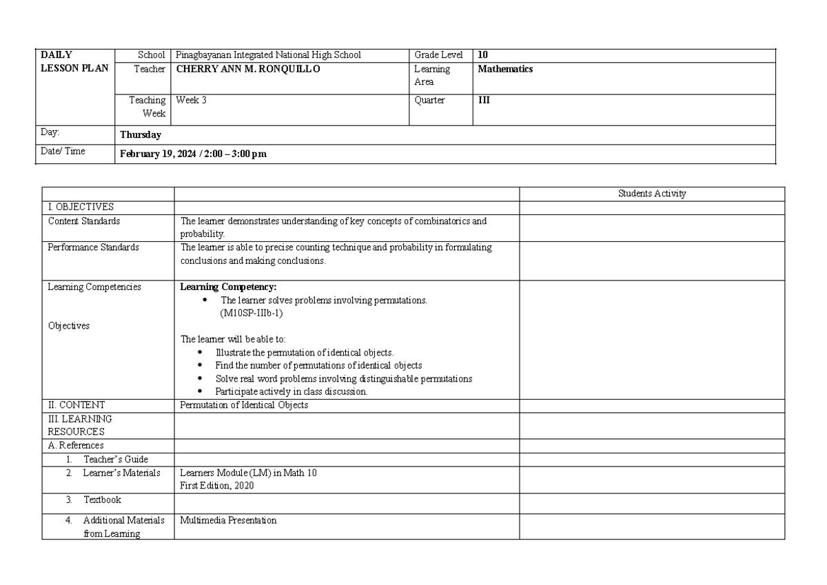 Solving problems involving permutations daily lesson plan school