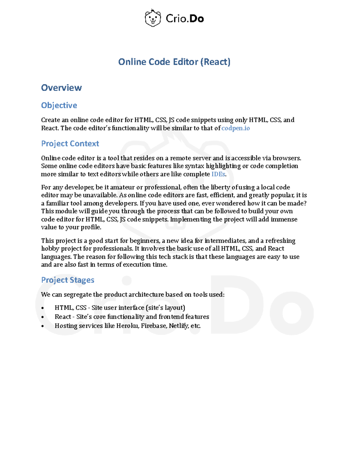 ME Project Editor React - Online Code Editor (React) Overview Objective ...