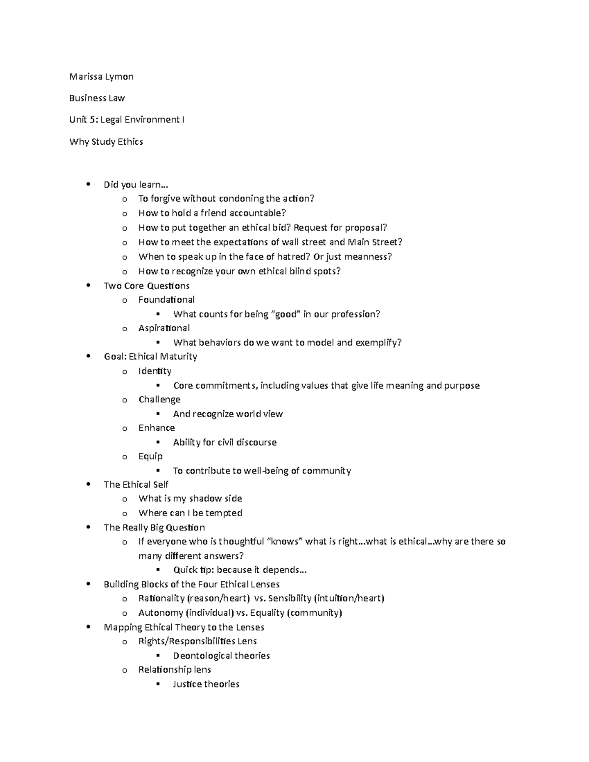 Why Study Ethics - Marissa Lymon Business Law Unit 5: Legal Environment ...