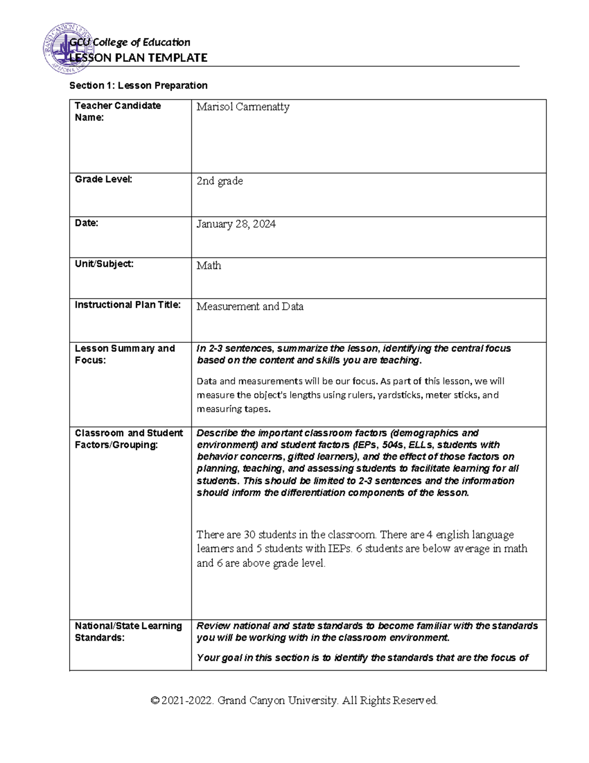 Section 1 - assignment - LESSON PLAN TEMPLATE Section 1: Lesson ...