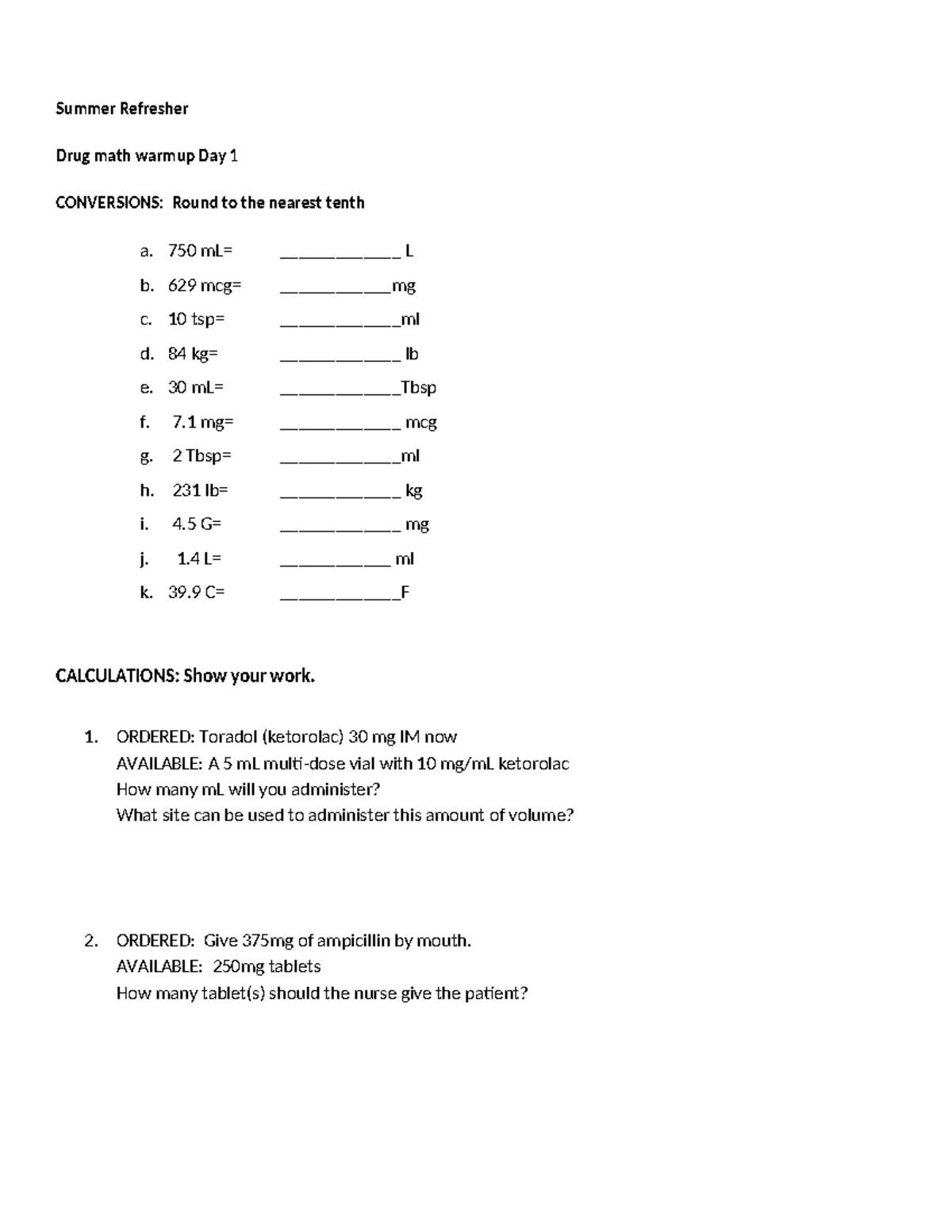 Drug math Day 1 - Math - Summer Refresher Drug math warmup Day 1 ...