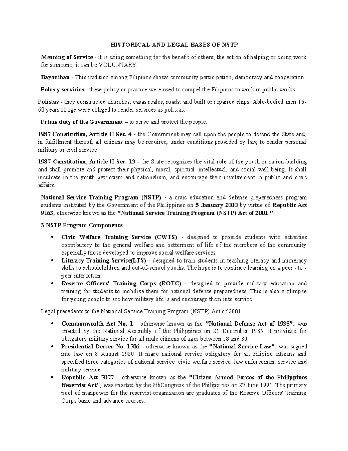NSTPCWTSReviewer NSTP HISTORICAL AND LEGAL BASES OF NSTP Meaning of Service it is doing