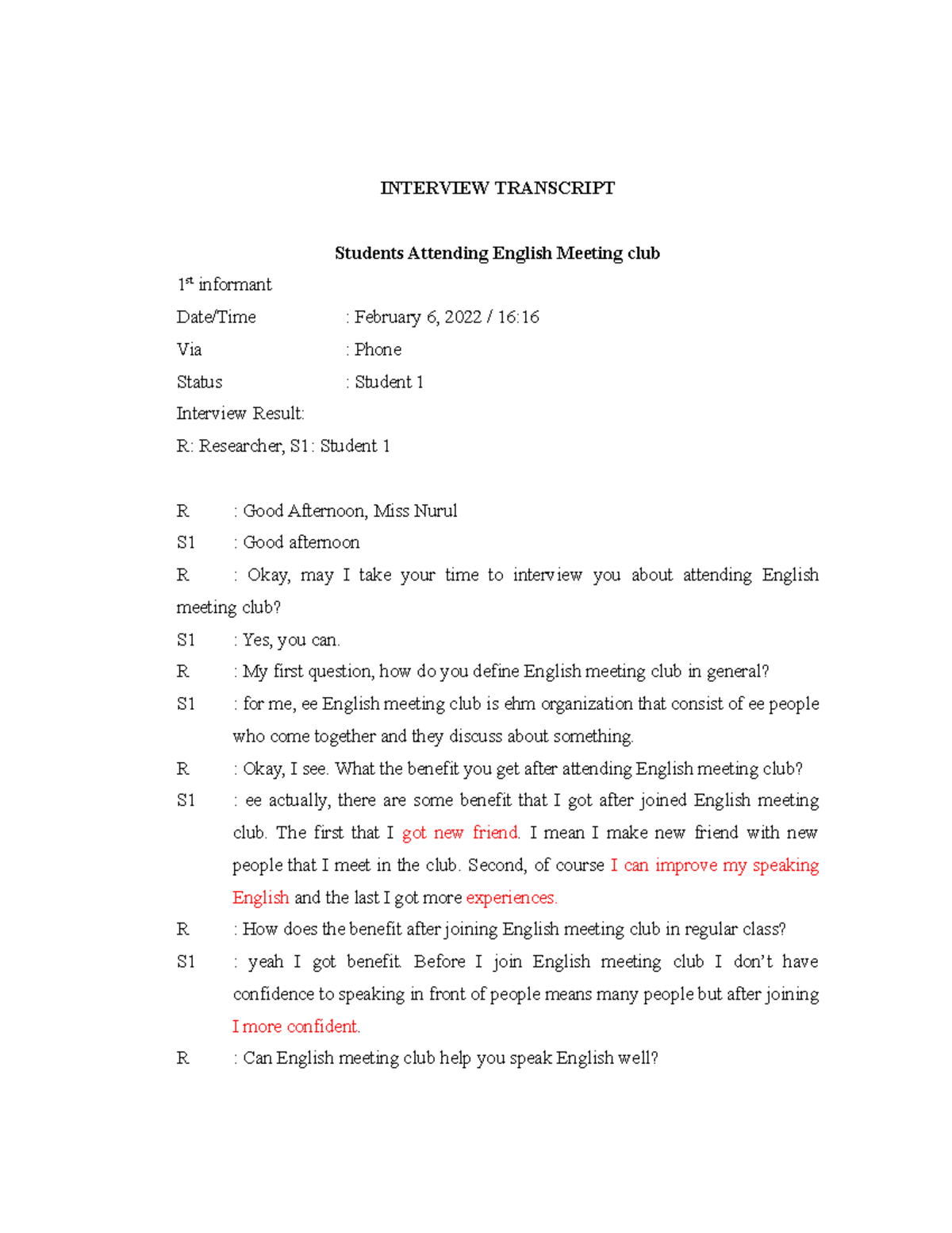 Interview Transcript - INTERVIEW TRANSCRIPT Students Attending English ...