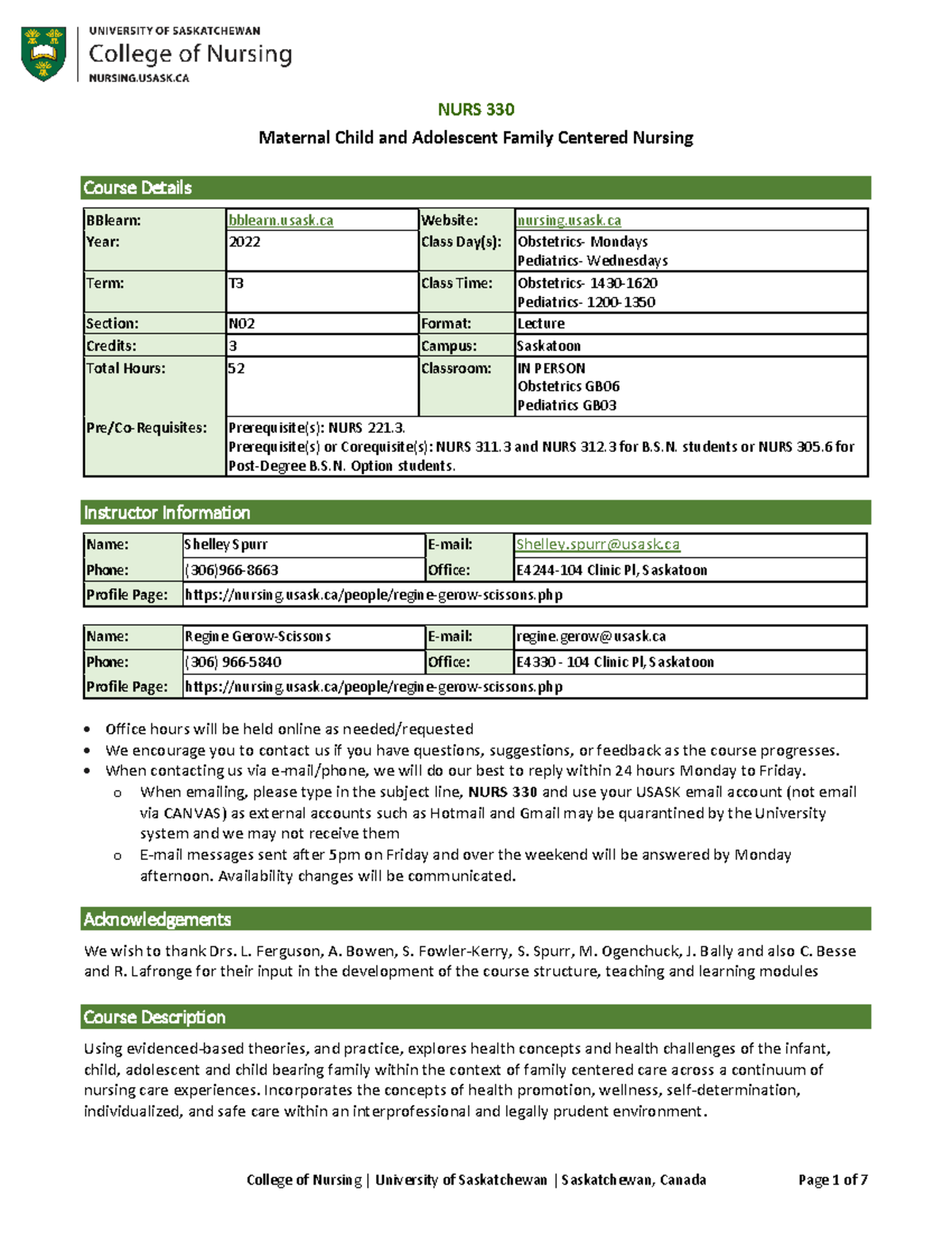 Final NURS 330Syllabus1 NURS 330 Maternal Child and Adolescent Family Centered Nursing
