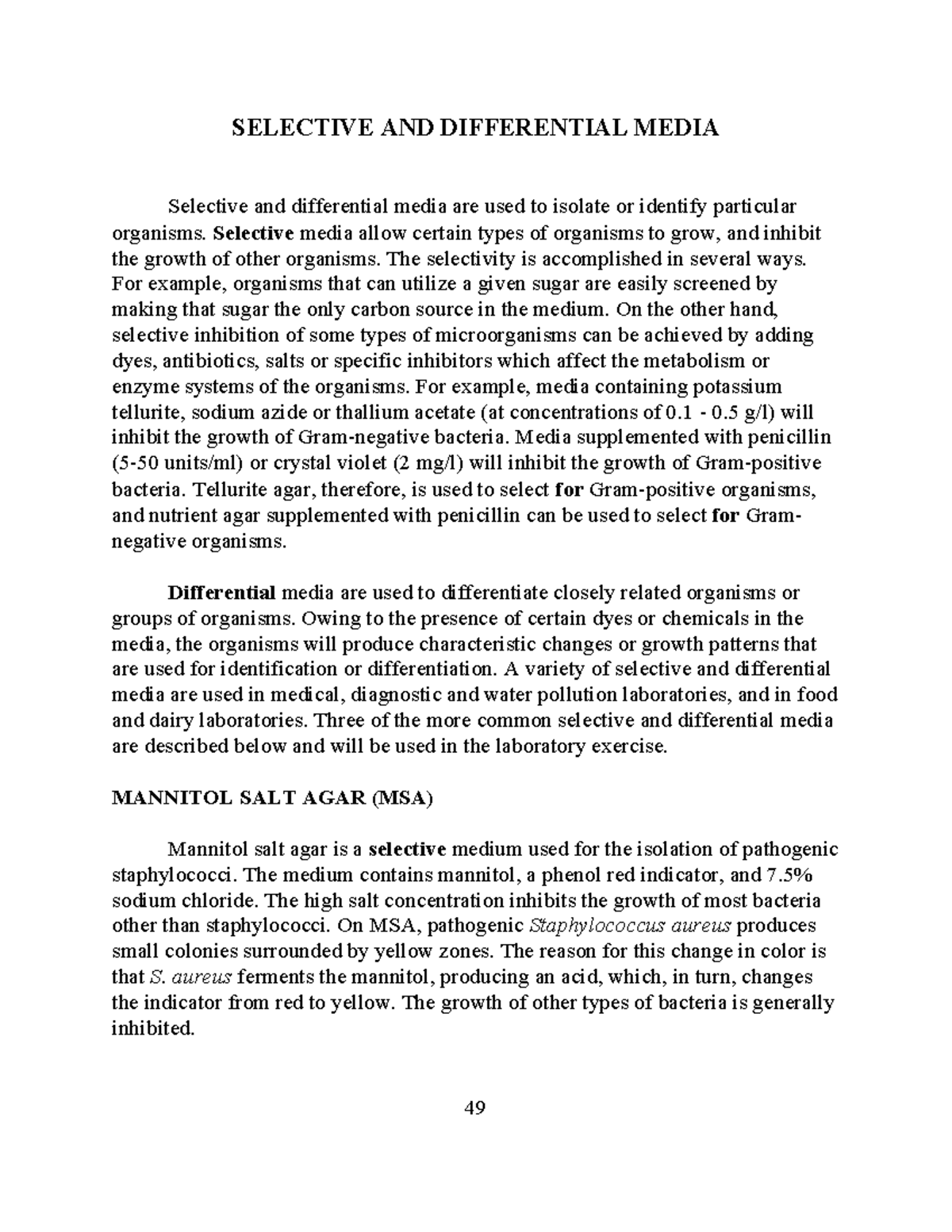 Selective & Differential Media - SELECTIVE AND DIFFERENTIAL MEDIA ...
