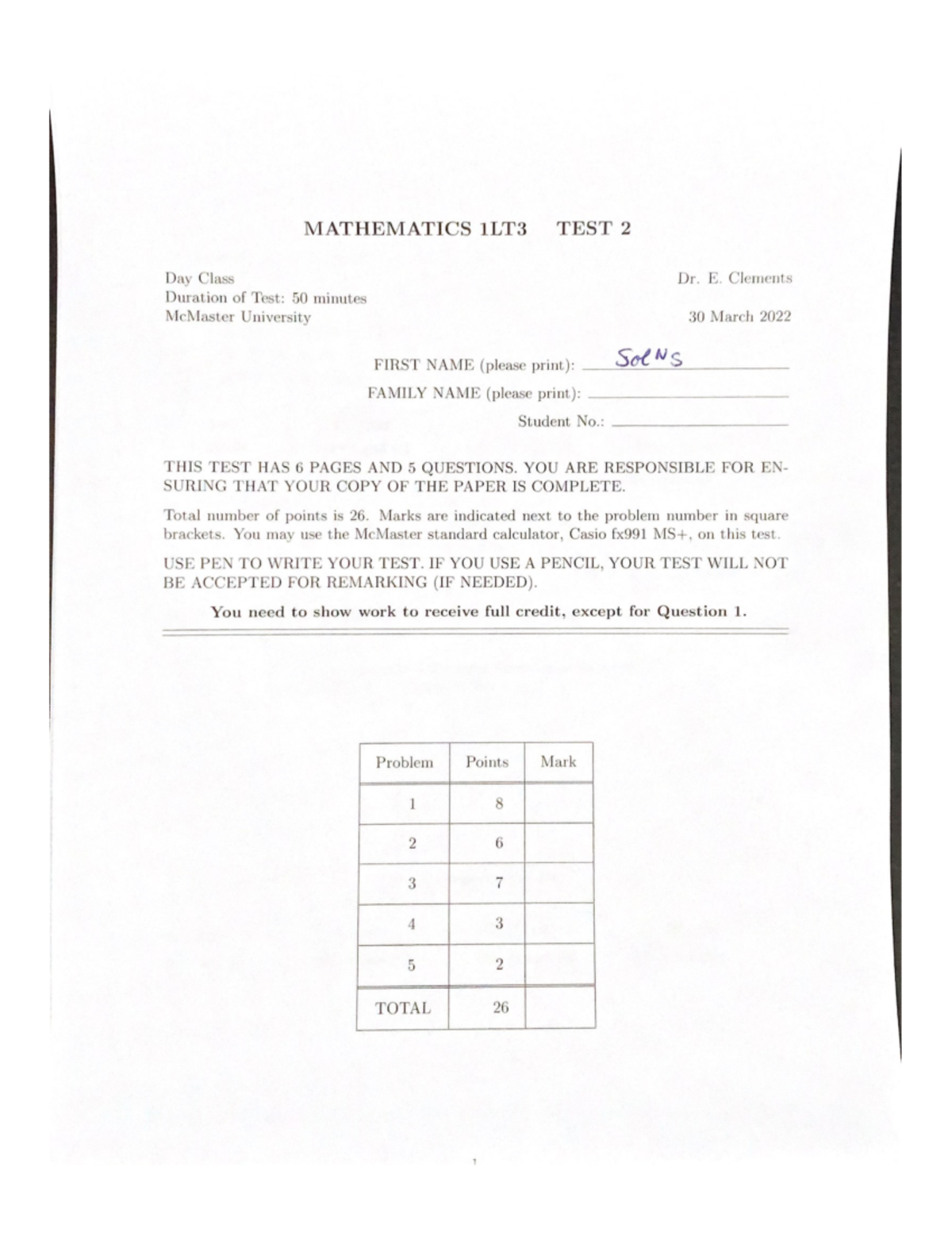 M1LT3 T2 mar2022 solns - Test 2 Mar 2022 solutions - Math 1Lt3 - Studocu