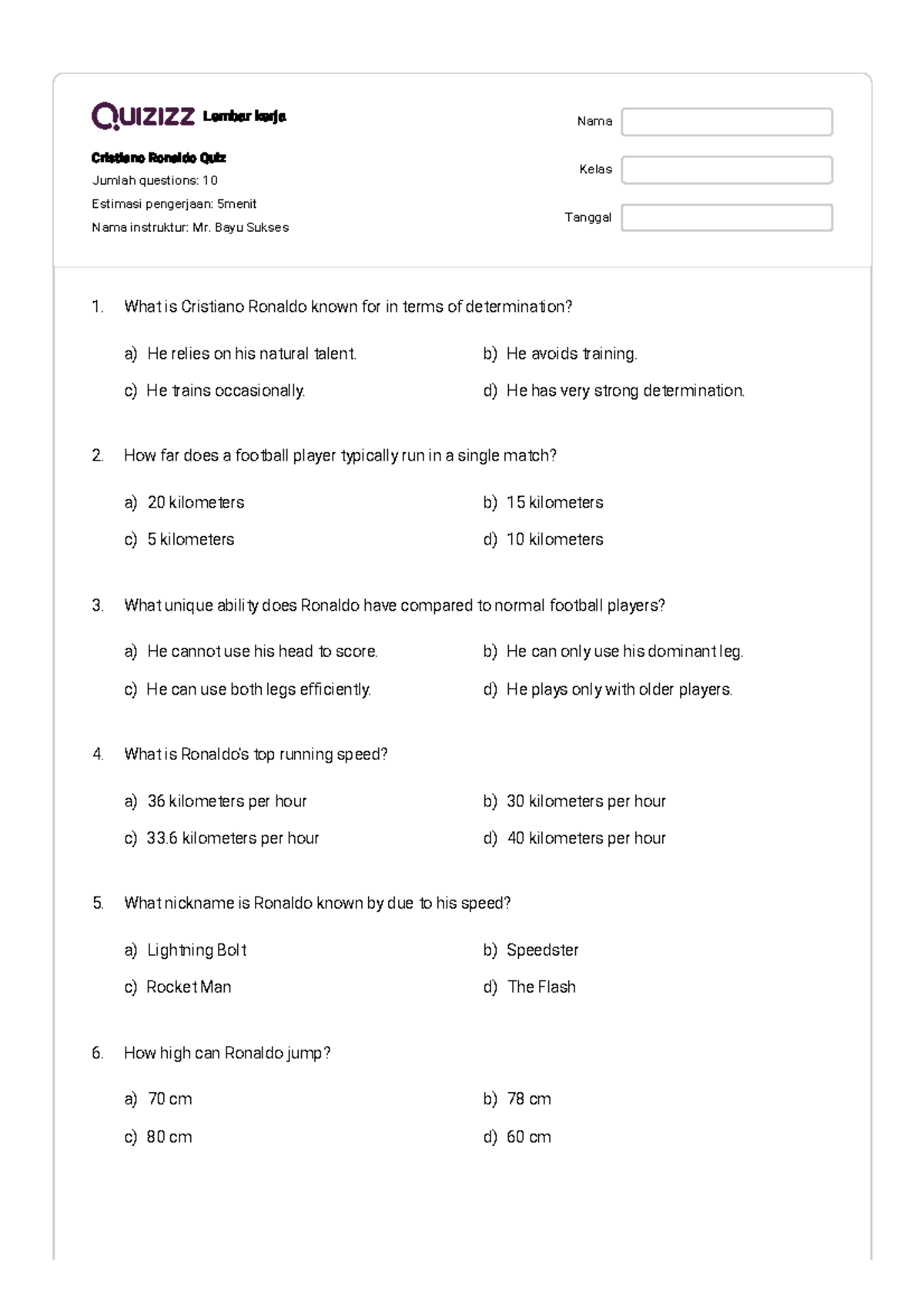 Cristiano Ronaldo Quiz Quizizz - Lembar kerja Cristiano Ronaldo Quiz
