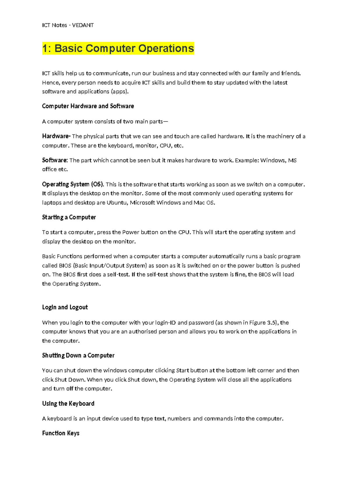 X ICT Notes - 1: Basic Computer Operations ICT skills help us to ...