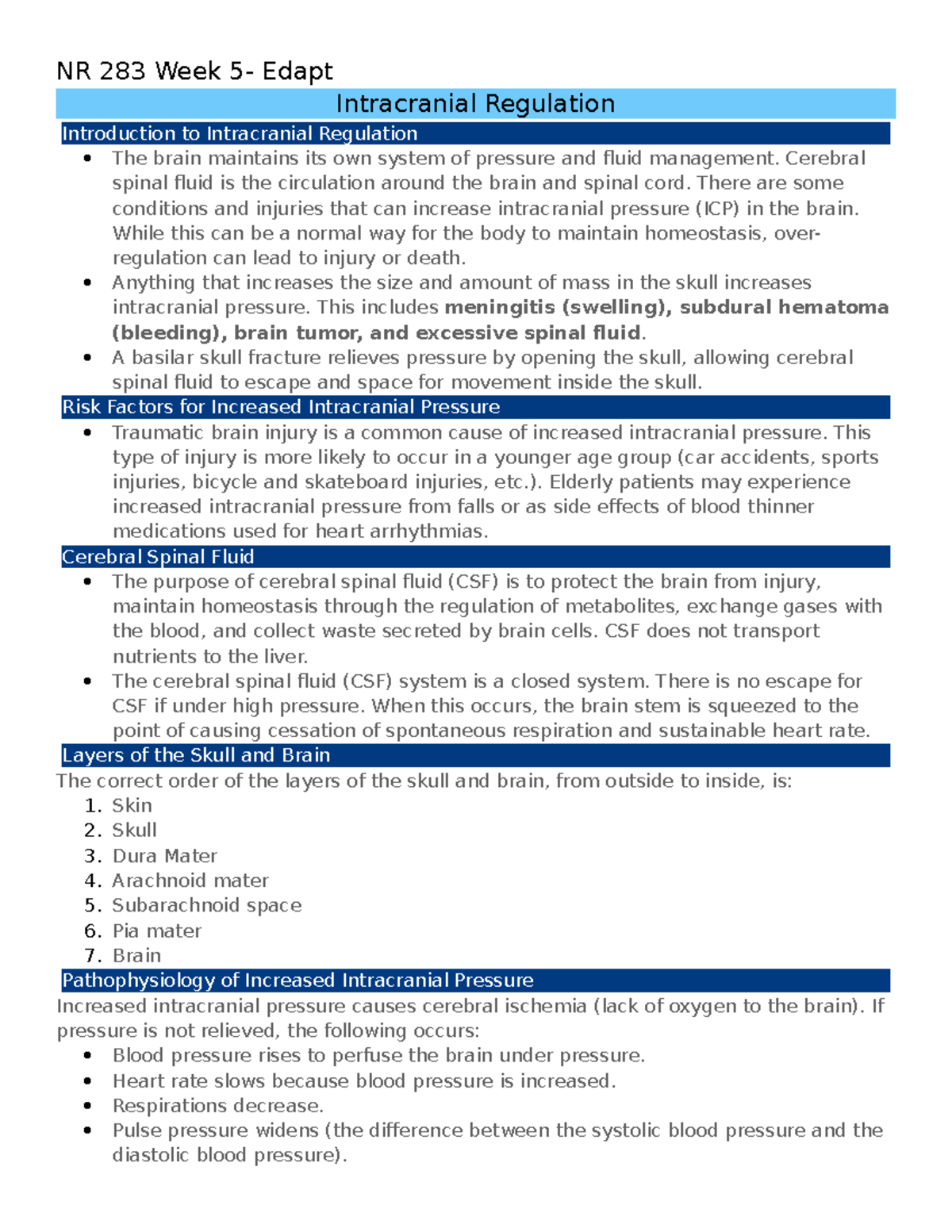 Exam 2- Study Guide - NR 283 Week 5- Edapt Intracranial Regulation ...