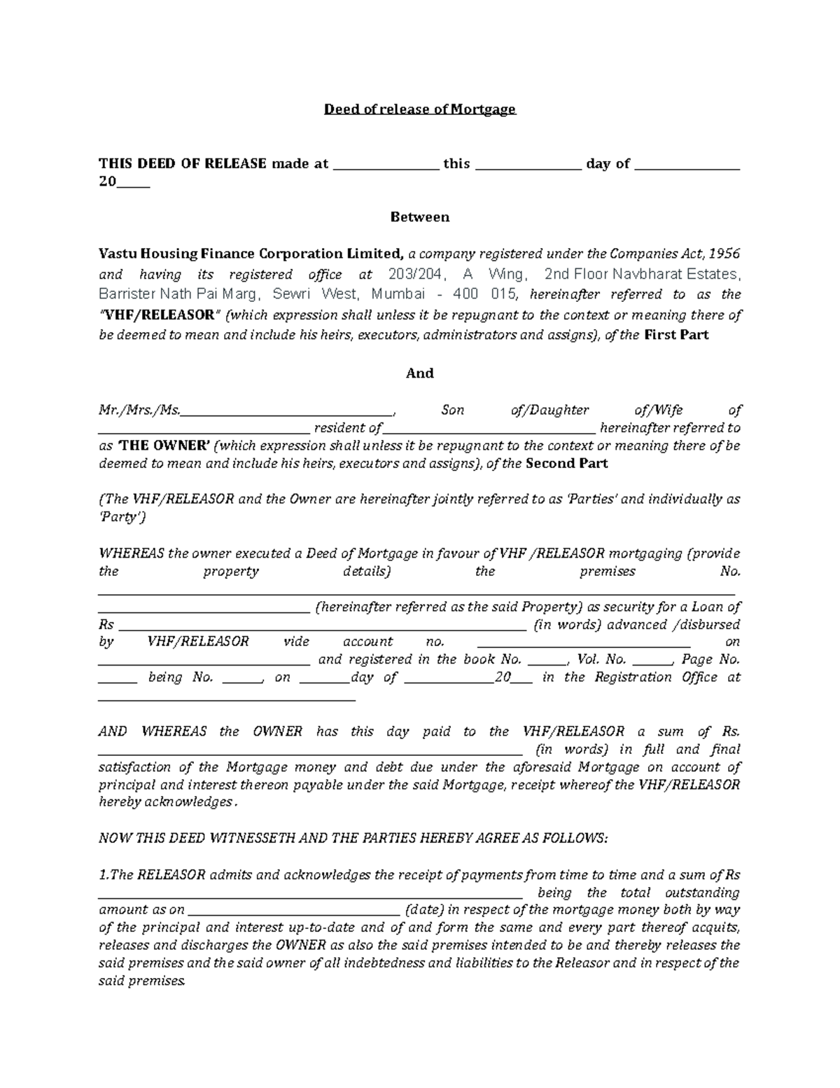 Registered Mortgage release deed - Deed of release of Mortgage THIS ...