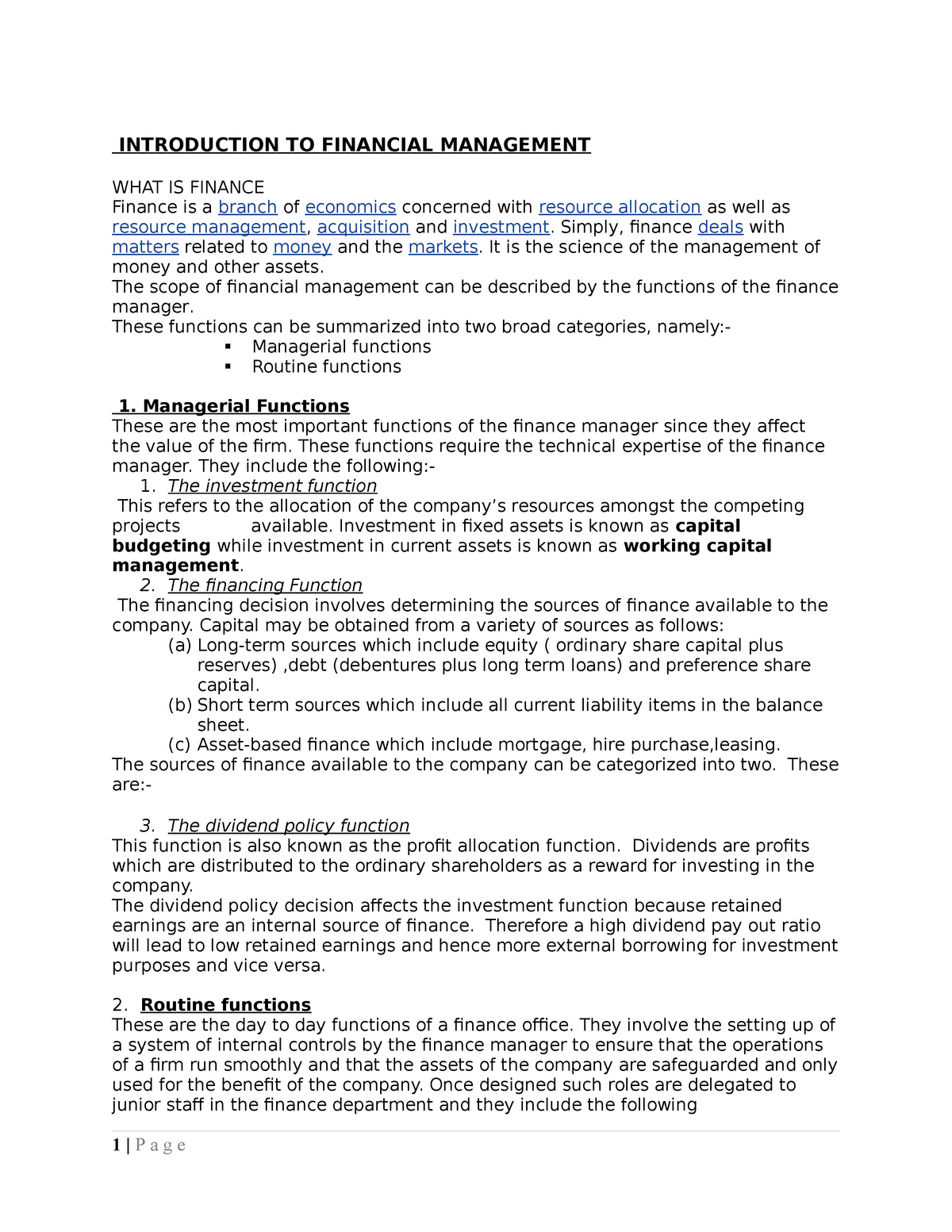 Introduction TO Financial Management INTRODUCTION TO FINANCIAL 