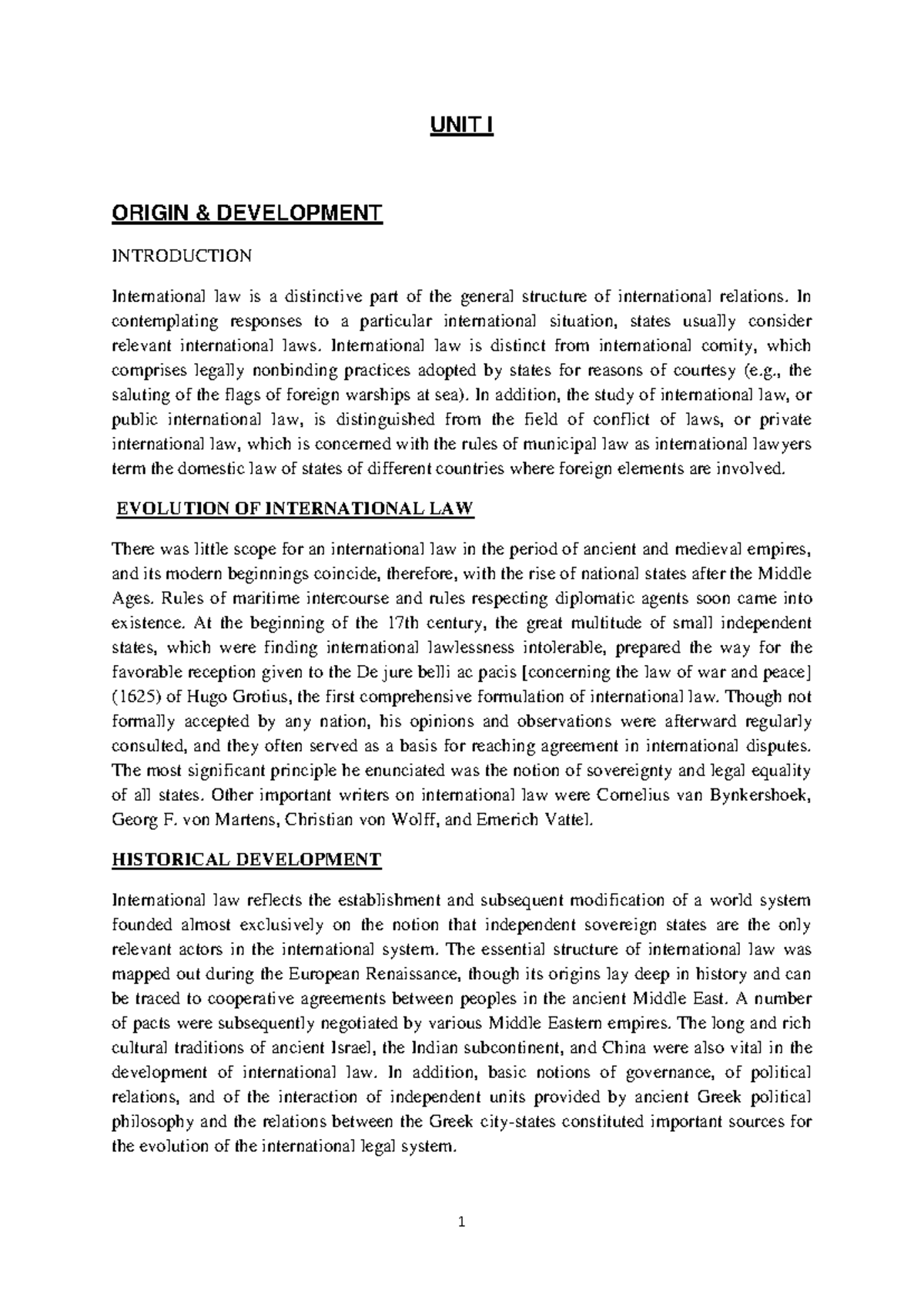 LLB IL1 - International law subject notes - UNIT I ORIGIN & DEVELOPMENT ...