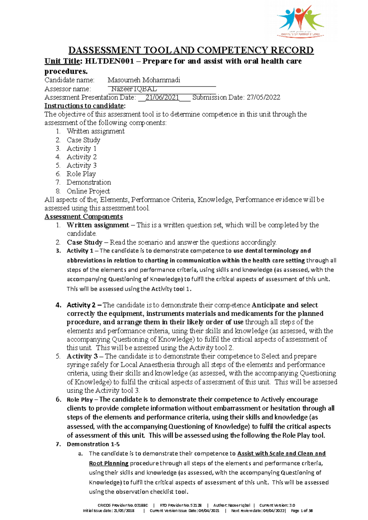 Hltden 001 written assesment - DASSESSMENT TOOL AND COMPETENCY RECORD ...