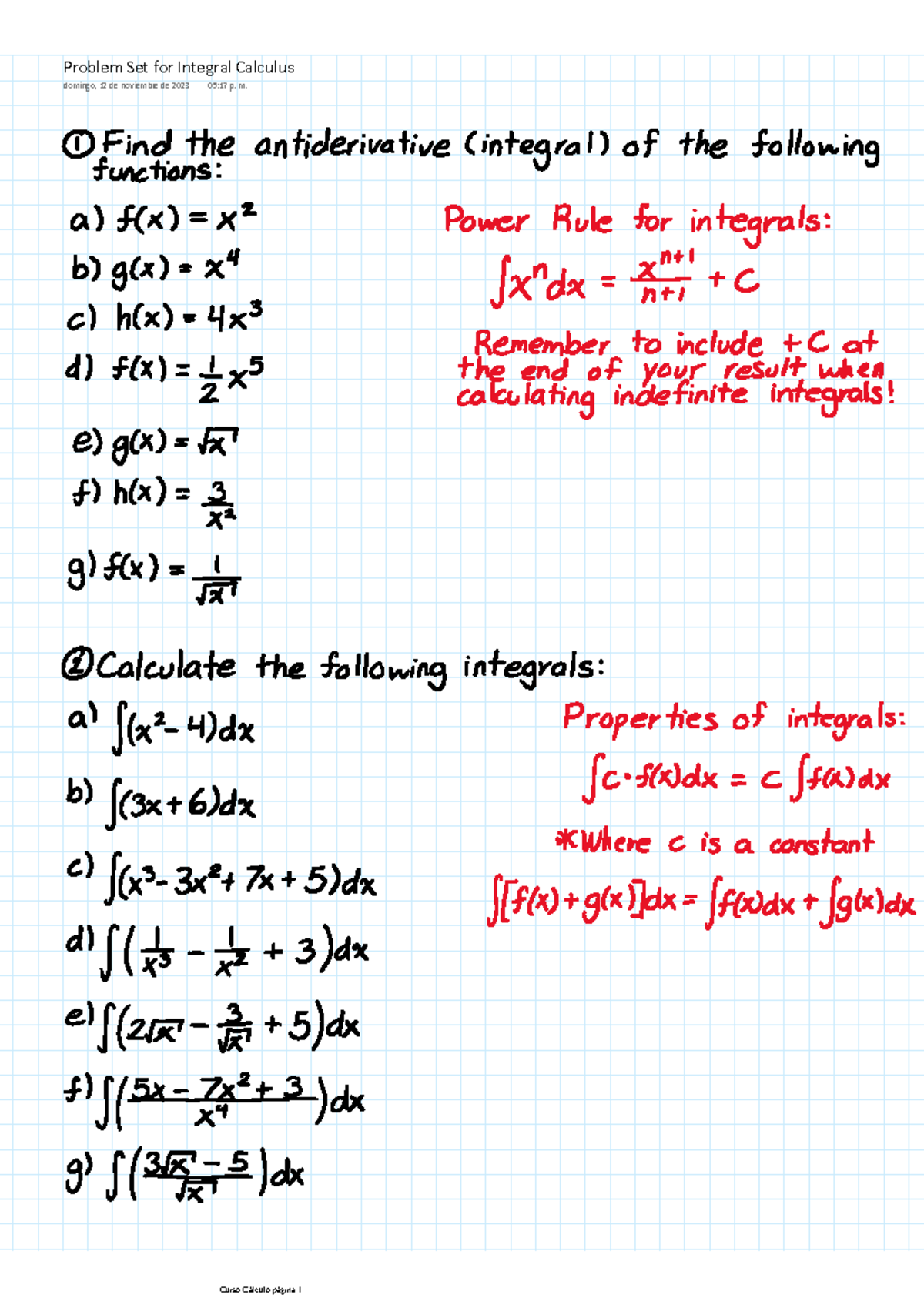 Problem Set for Integral Calculus - Calculo Diferencial - Problem Set ...
