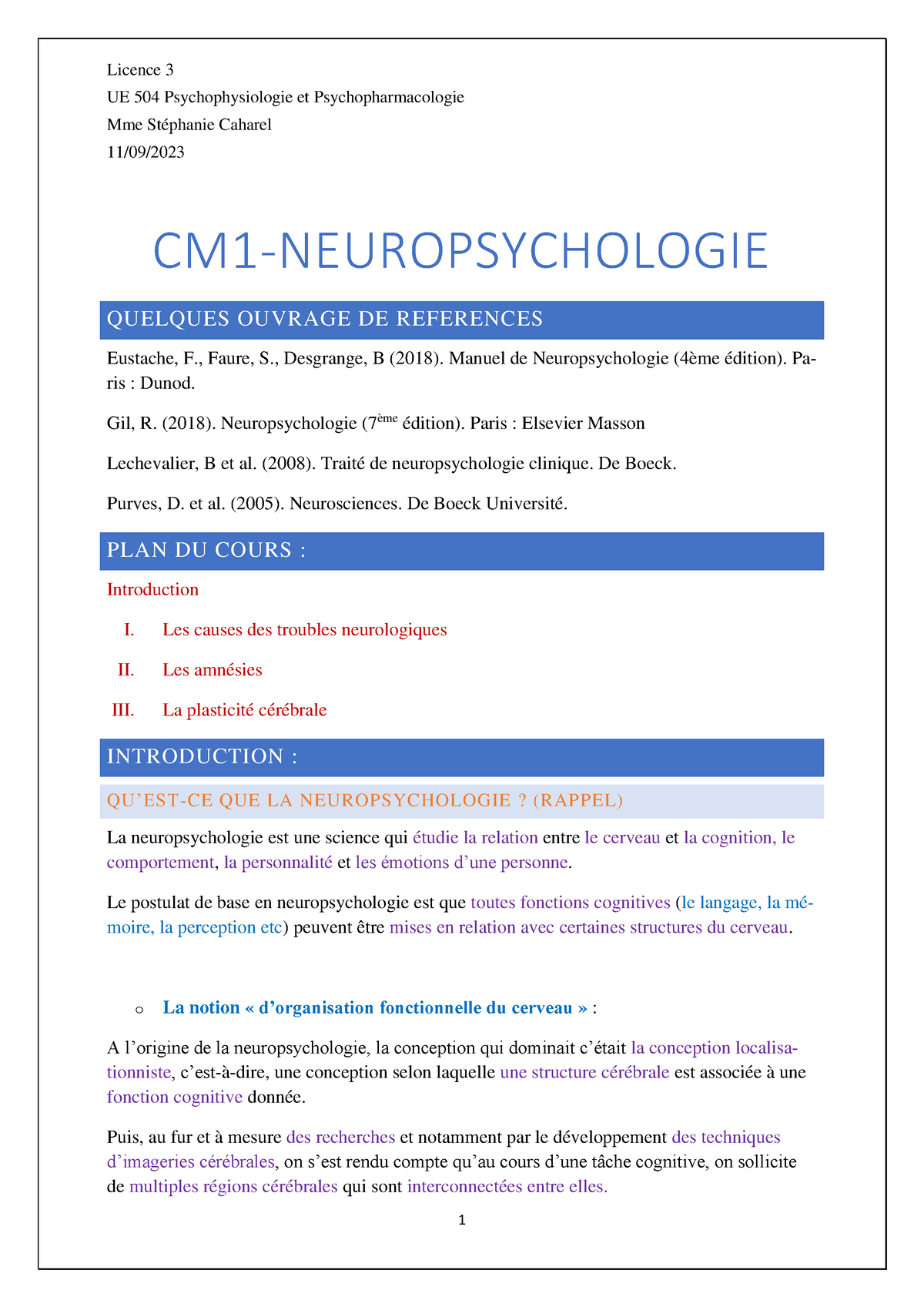 CM1-Neuropsychologie - UE 504 Psychophysiologie Et Psychopharmacologie ...