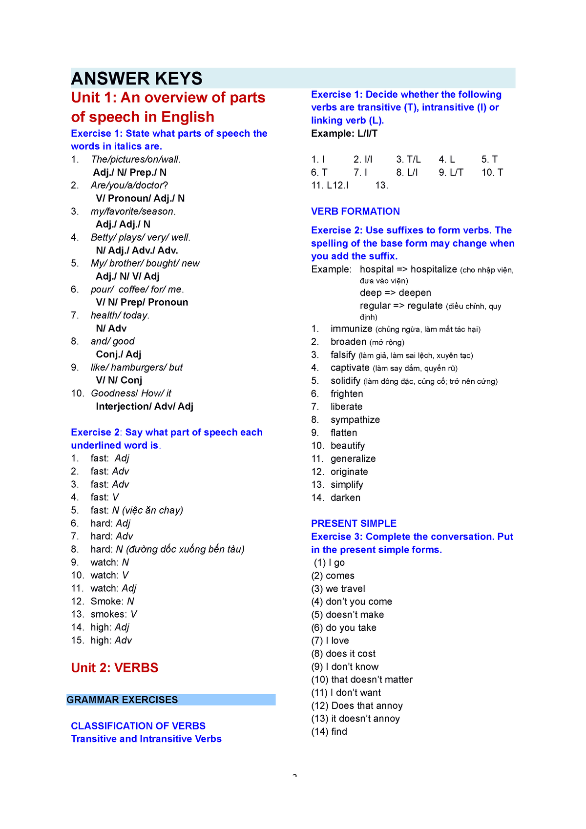 Basic English Grammar (SG279)- Keys B - ANSWER KEYS Unit 1: An Overview ...