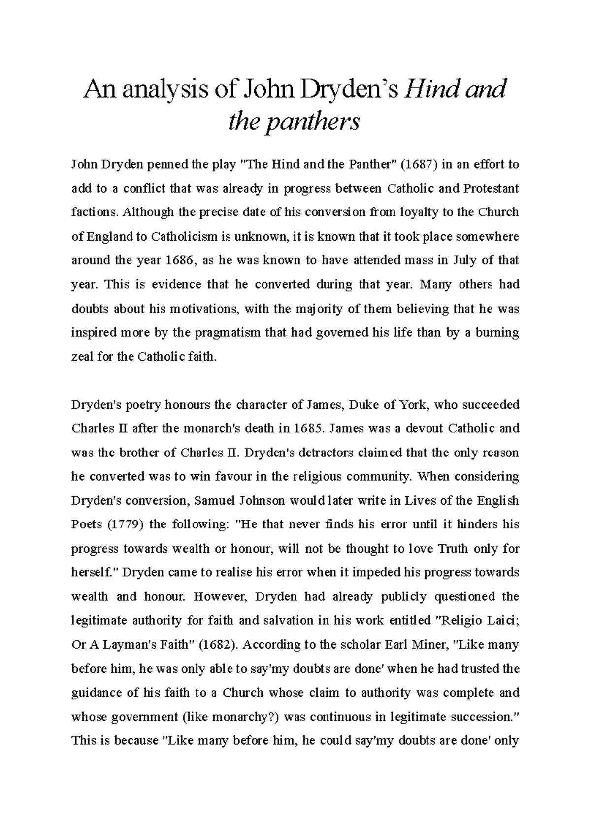 An analysis of John Dryden’s Hind and the panthers An analysis of