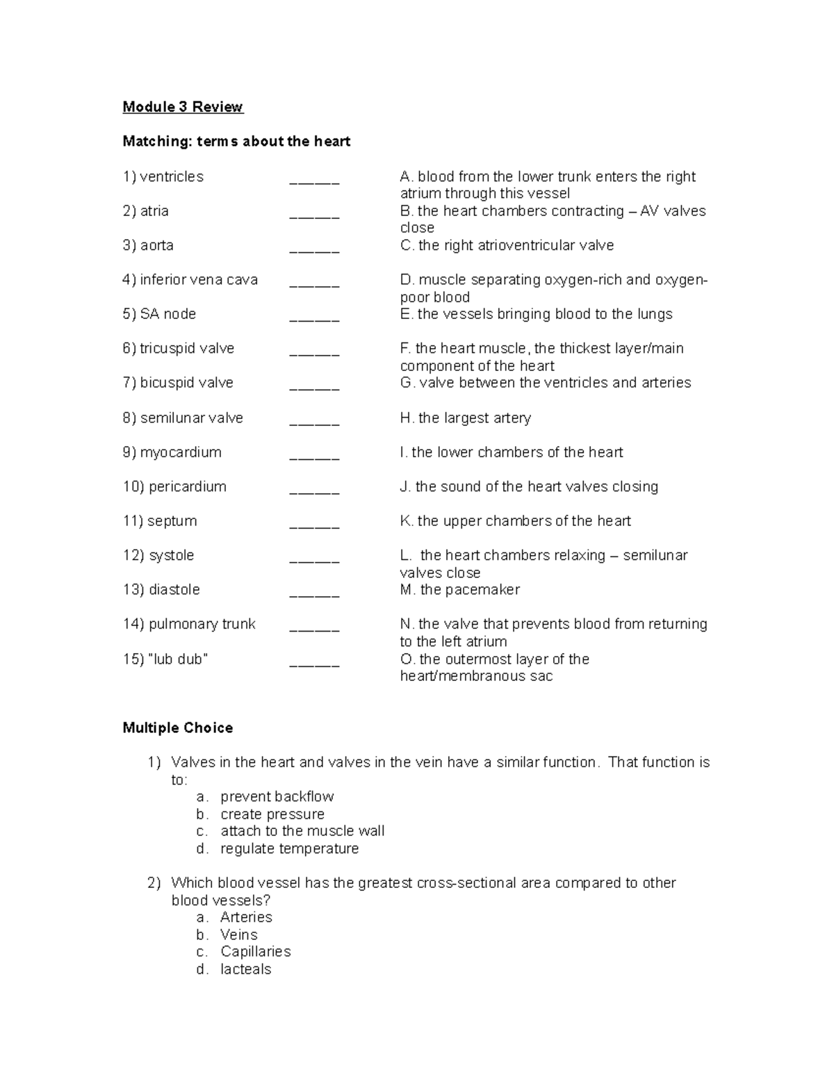 Module 3 Review - Module 3 Review Matching: terms about the heart 1 ...