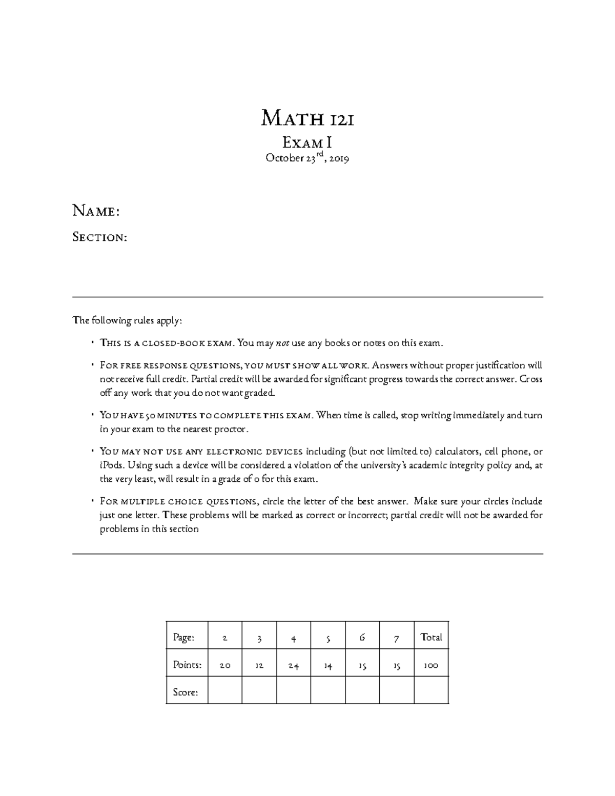 Math121 Exam1B Solutions 2019 15 - Math 121 Exam I October 23rd, 2019 ...