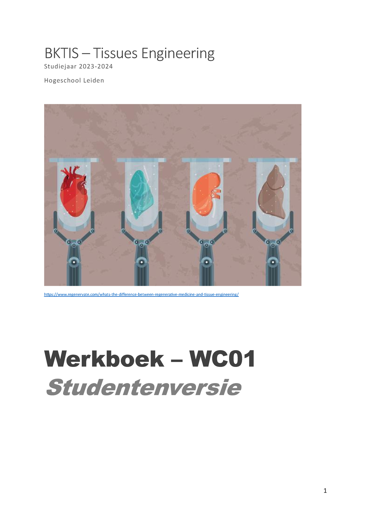 2324 Bktis Werkboek WC01 - BKTIS – Tissues Engineering Studiejaar 2023 ...