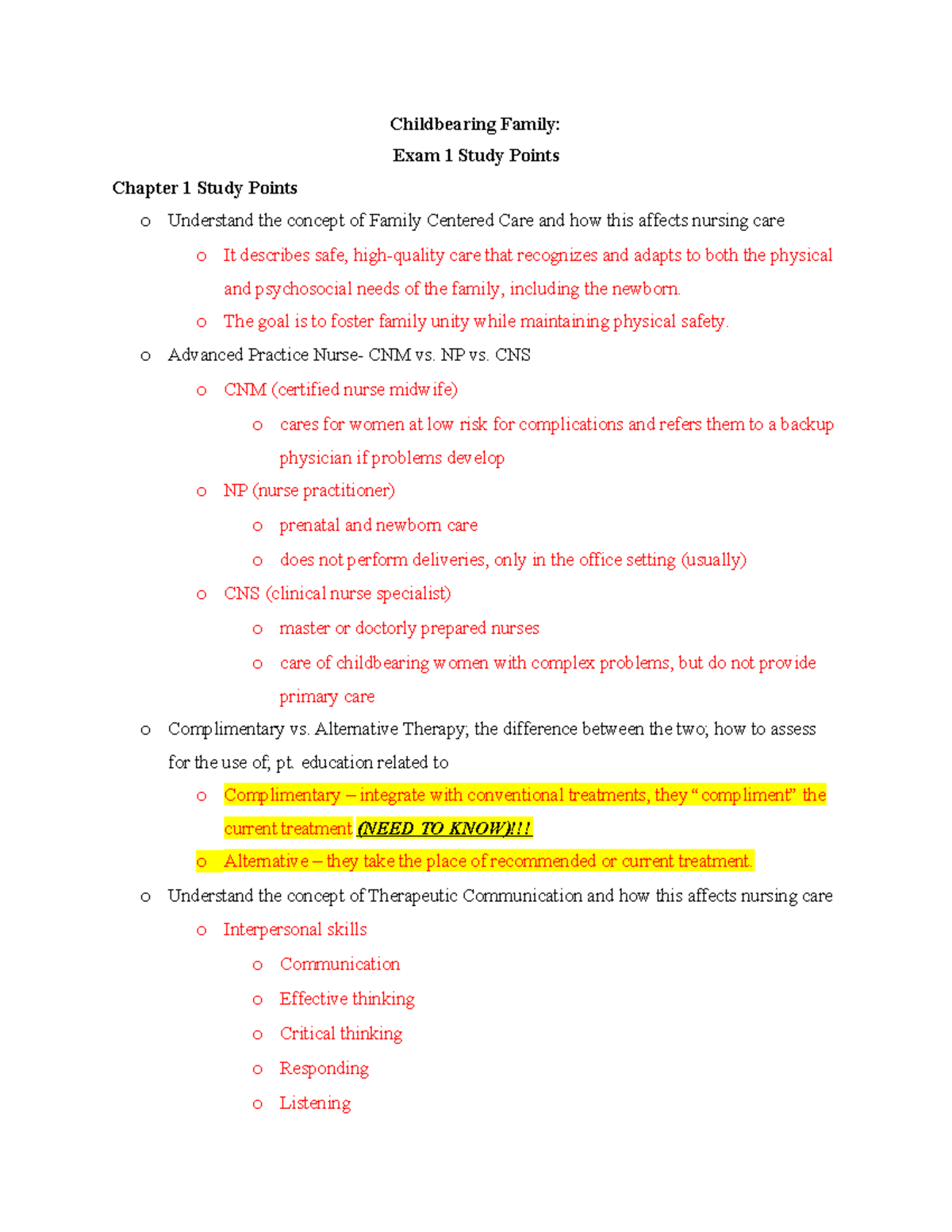 Exam 1 Study Points Childbearing Family Exam 1 Study Points Chapter