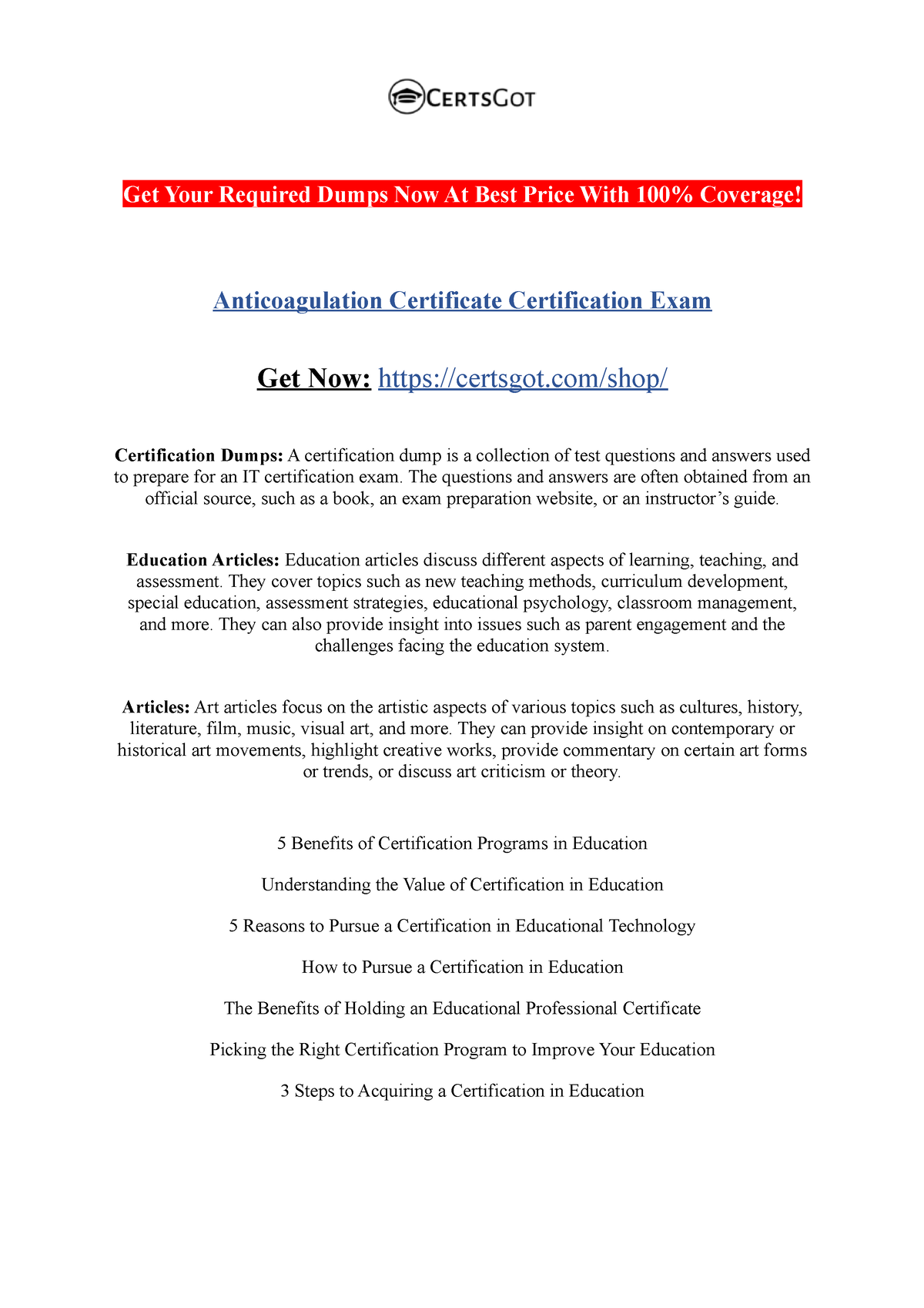 Anticoagulation Certificate Certification Exam Get Your Required