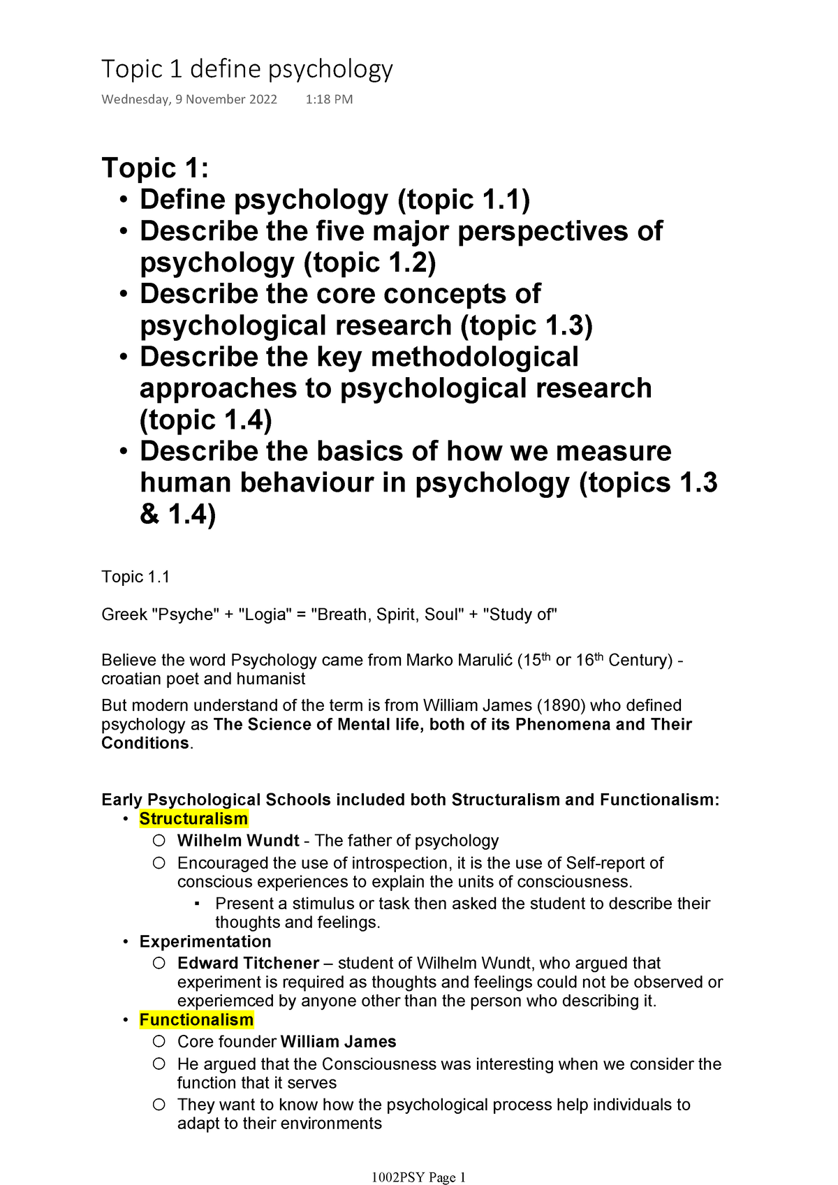 1002PSY Topic 1 notes - defiine psychology and 5 major perspectives ...