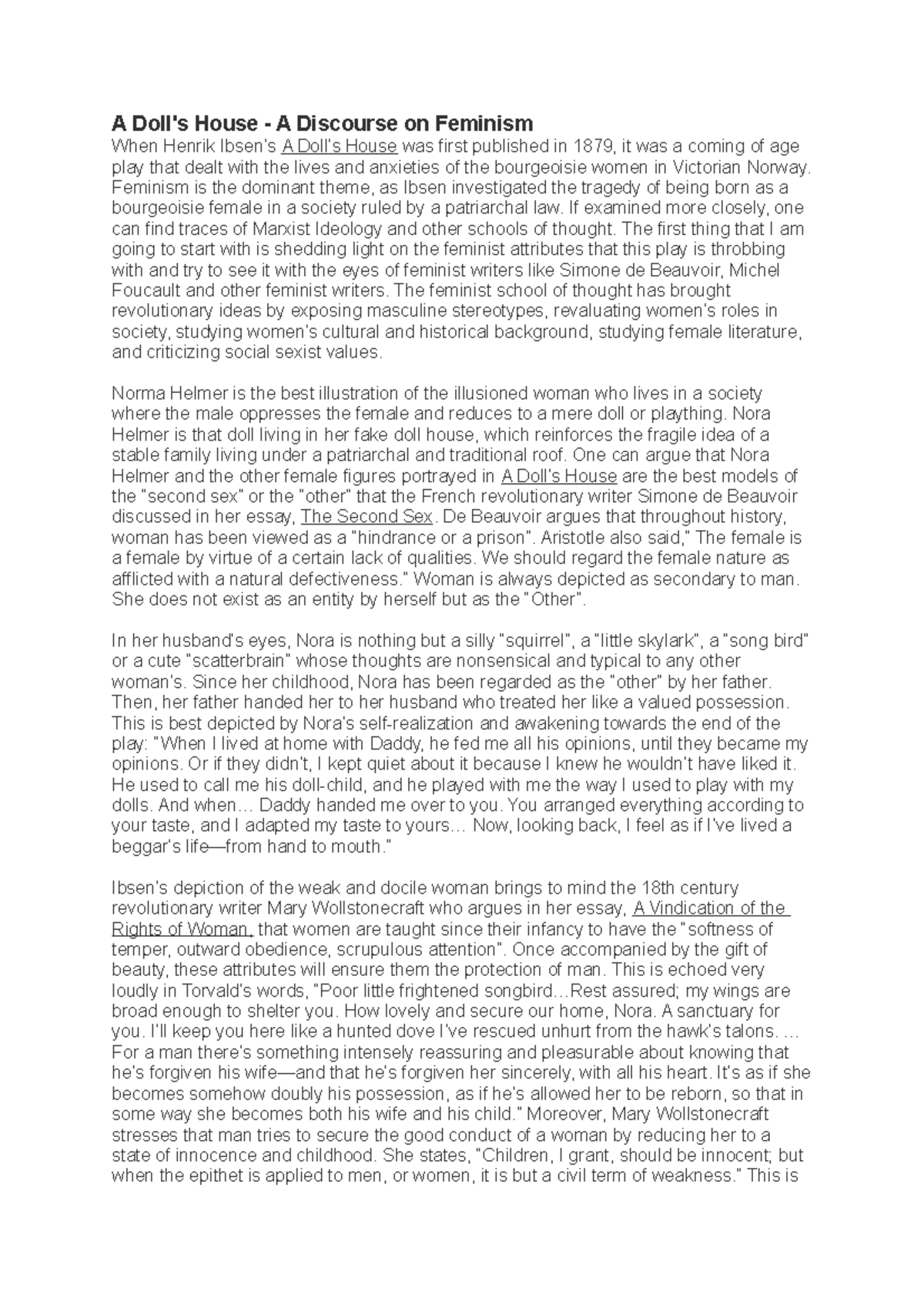 Feminism A Doll's house feminist criticism A Doll's House A