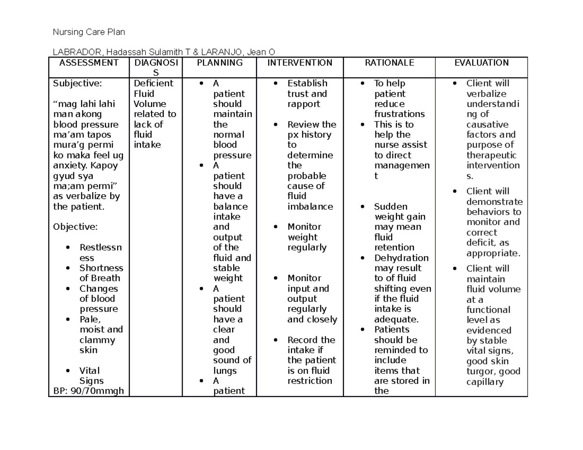 Deficient Fluid Volume NCP sample Only Nursing Care Plan LABRADOR 