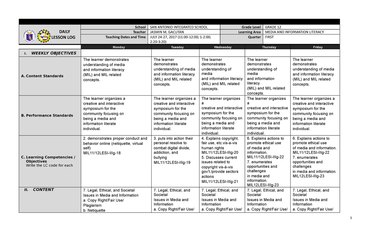 Media And Info Week 8 - Dll - DAILY LESSON LOG Teacher JASMIN M ...