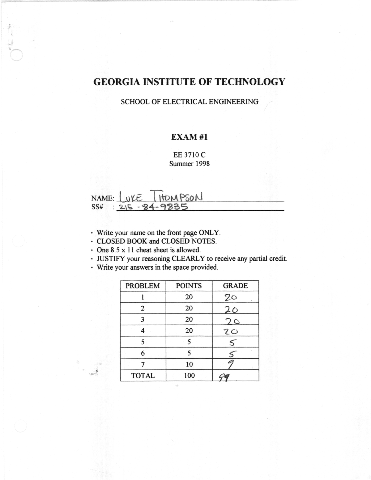 Summer 1998 Exam1 - Exam Practice - ECE 3710 - Studocu